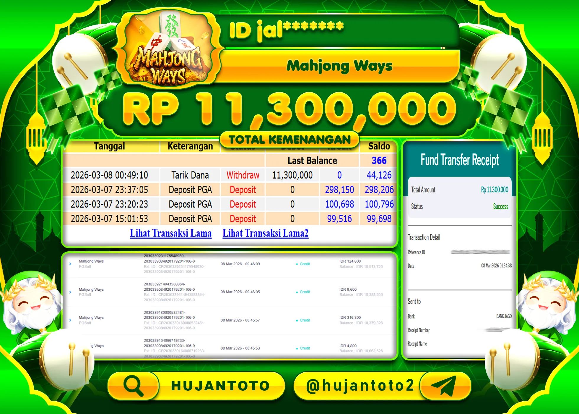HUJANTOTO - BUKTI JACKPOT MENANG SLOT MAHJONG WAYS Rp.11,300,000 - TERBAYAR LUNAS