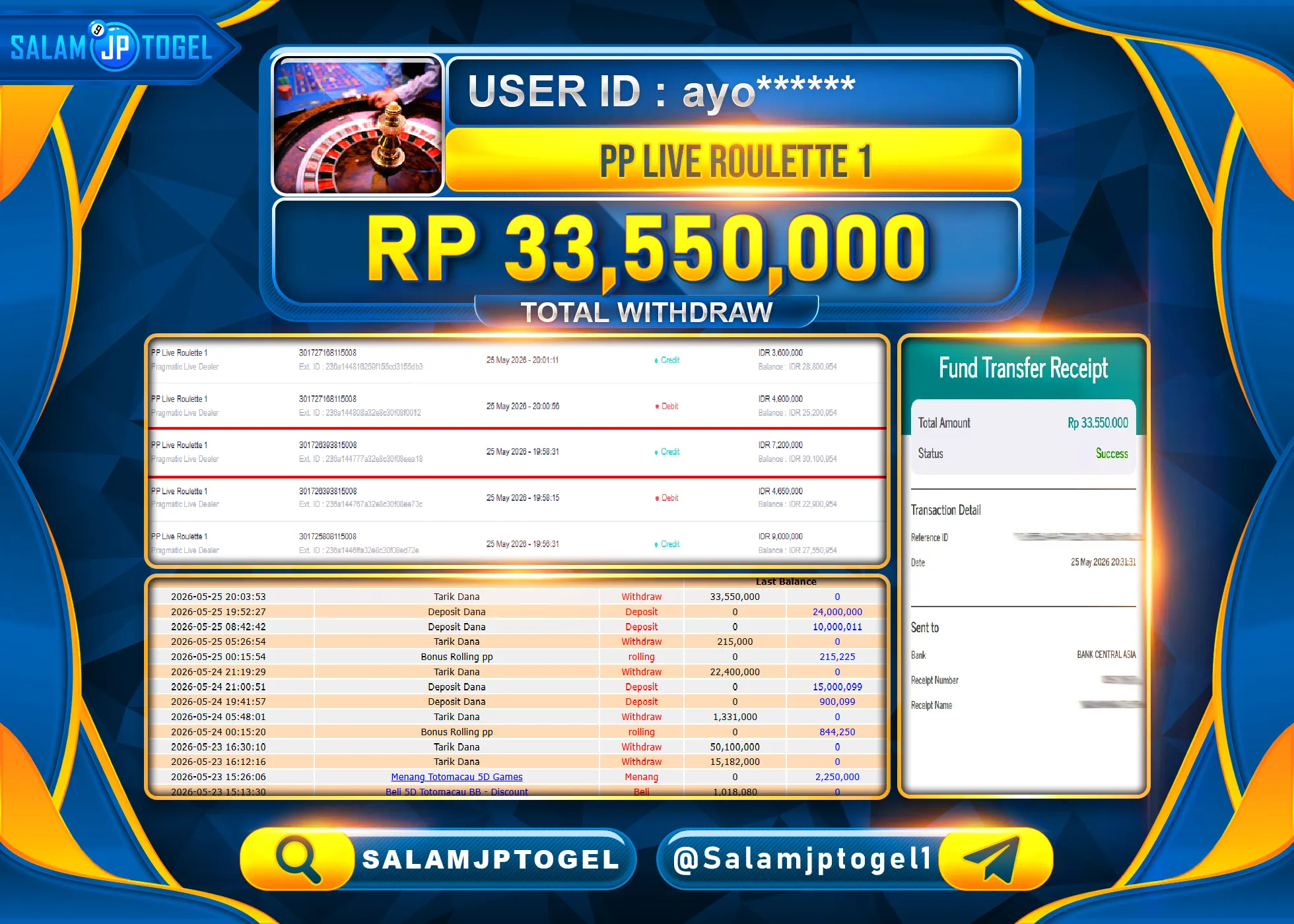 SALAMJPTOGEL JACKPOT Menang PP Live Roulette 1 (Pragmatic Live Dealer) Rp.33,550,000 - LUNAS