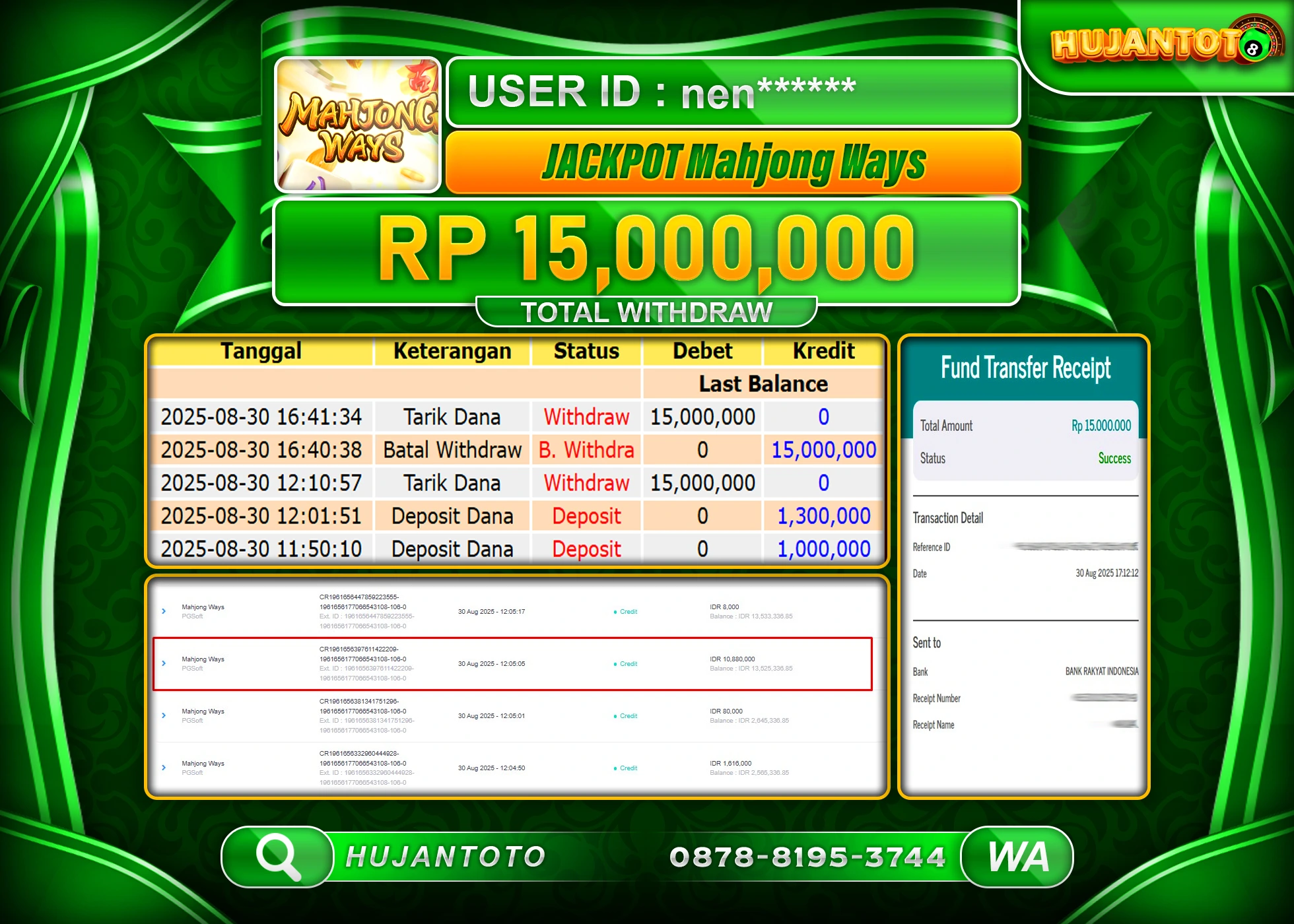HUJANTOTO - BUKTI JACKPOT SLOT MAHJONG WAYS (PG SOFT)  Rp.15,000,000 - TERBAYAR LUNAS