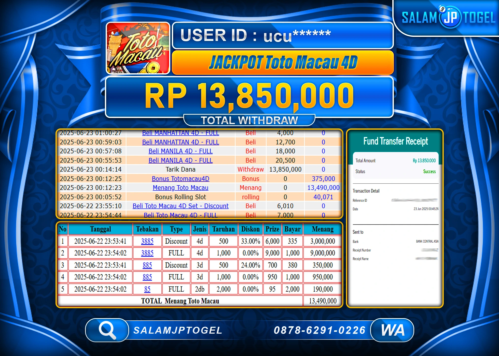 SALAMJPTOGEL MENANG TOTO MACAU 4D Rp.13,850,000 LUNAS