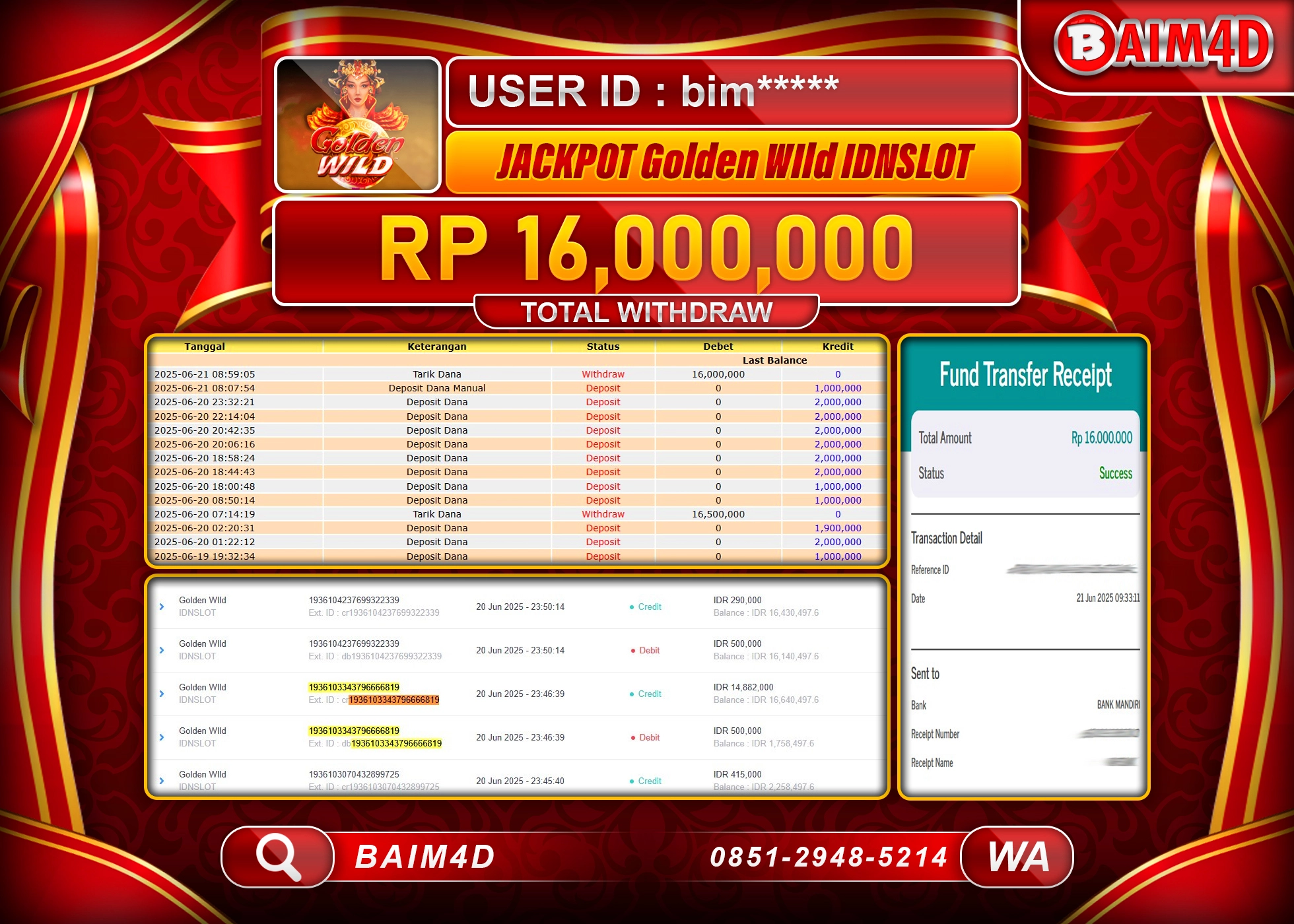 BAIM4D JACKPOT Golden WIld  IDNSLOT  Rp.16,000,000.- LUNAS