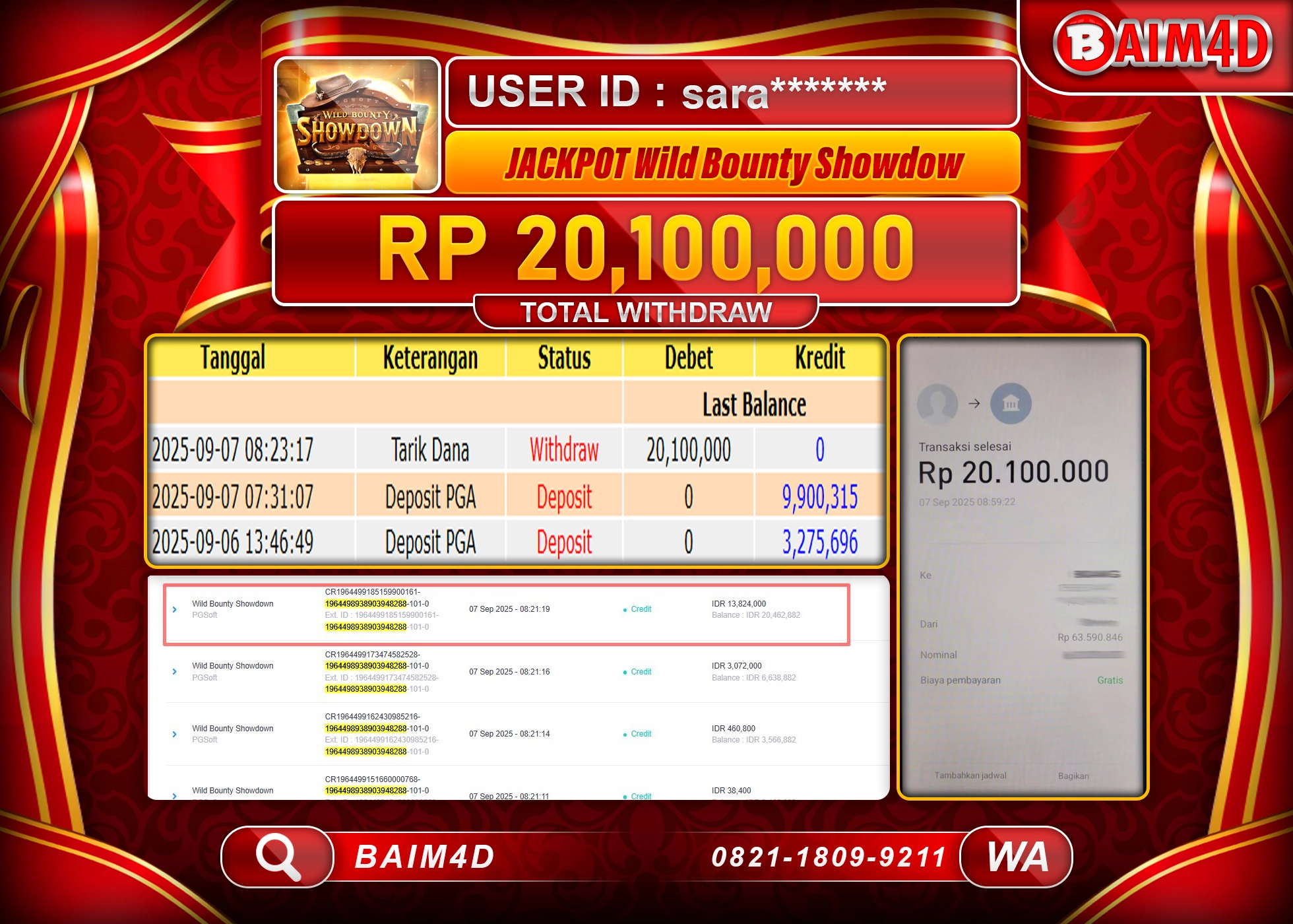 BAIM4D JACKPOT SLOT WILD BOUNTY SHOWDOWN Rp.20,100,000.- LUNAS