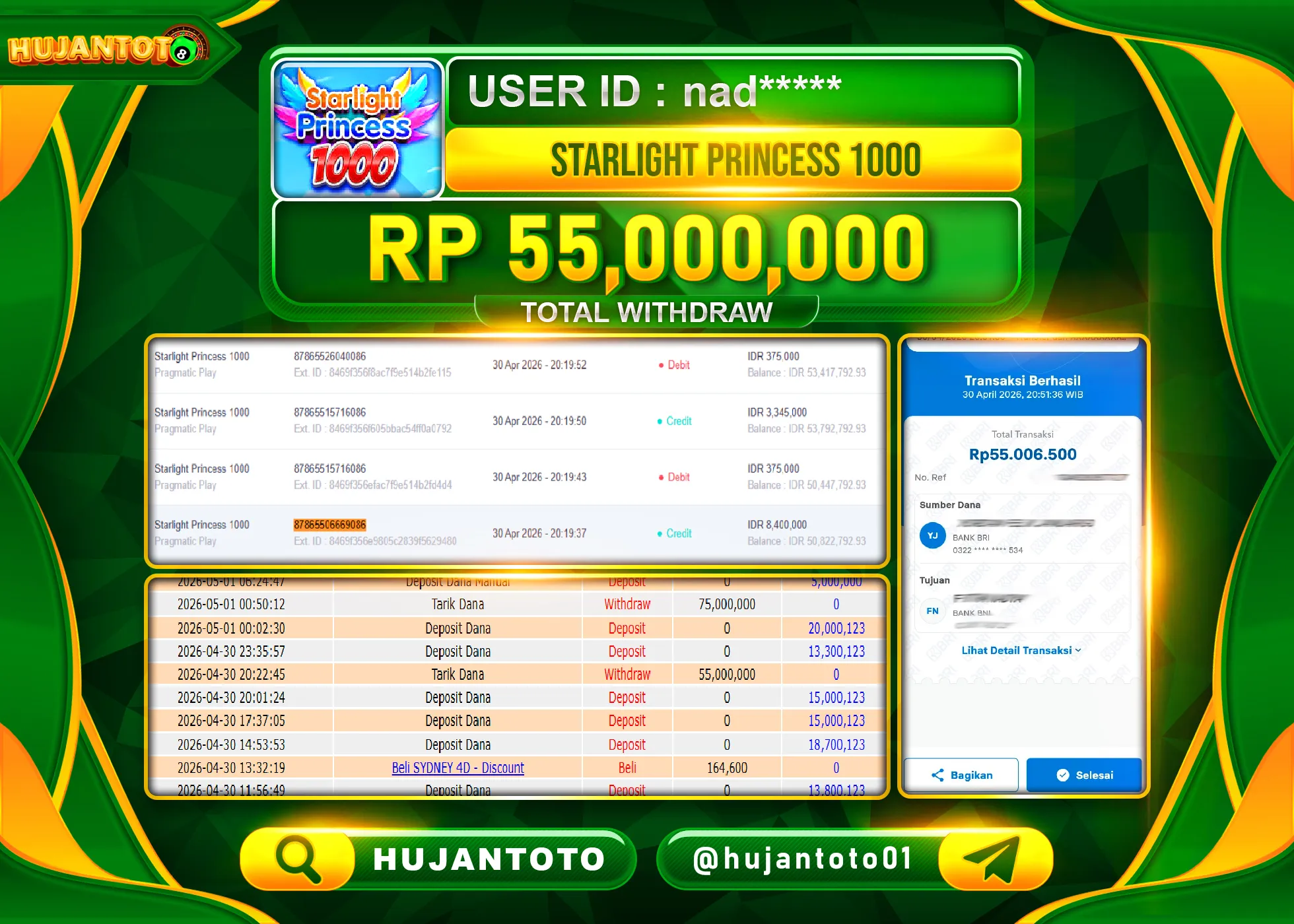 HUJANTOTO - BUKTI JACKPOT MENANG SLOT STARLIGHT PRINCESS 1000 Rp.55,000,000 - TERBAYAR LUNAS