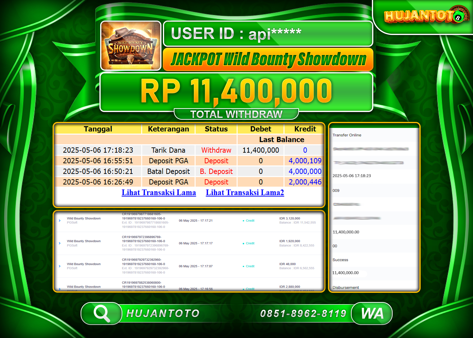 HUJANTOTO - BUKTI JACKPOT MENANG DI SLOT WILD BOUNTY SHOWDOWN Rp,11,400,000 - TERBAYAR LUNAS