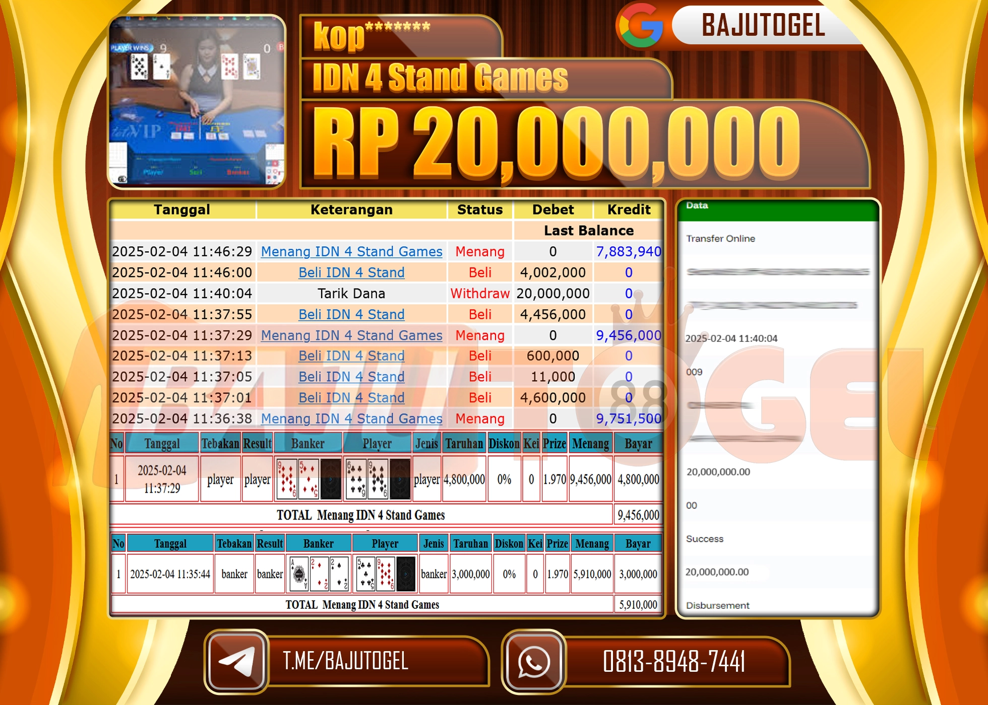 BAJUTOGEL KEMENANGAN IDN 4 STAND Rp.20.000.000 LUNAS