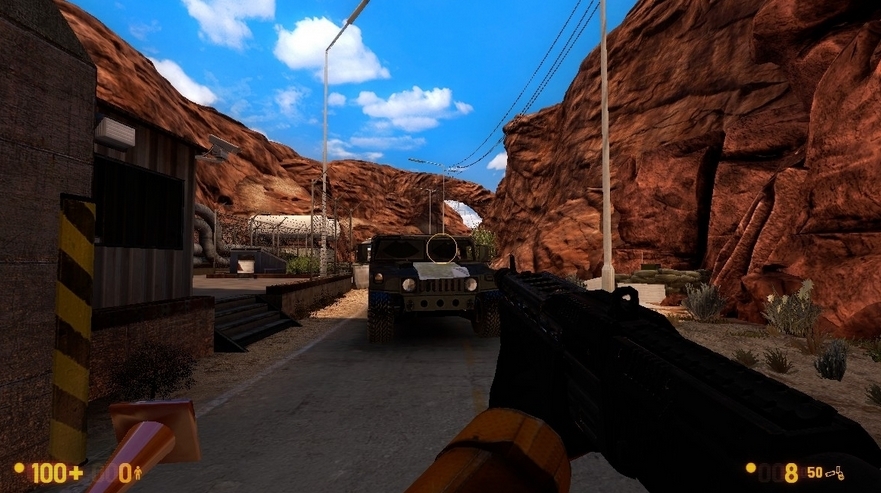 A screenshot from the game Black Mesa. It shows a scene of the character (in first person) standing on a road in the middle of a canyon with brown, rocky walls. Some kind of manmade patio is off to the left. There's a jeep parked in the road in front of the player, who is holding a shotgun.