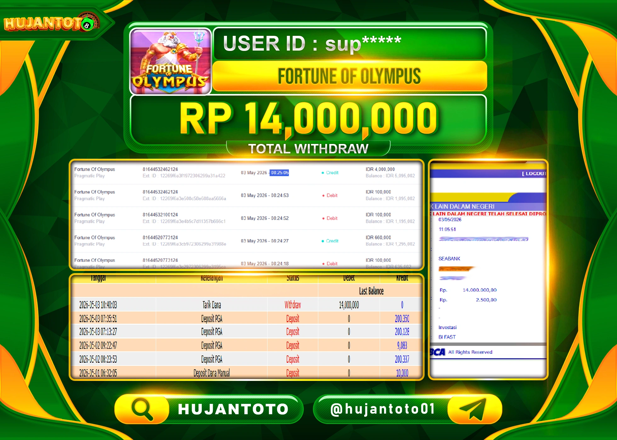 HUJANTOTO - BUKTI JACKPOT MENANG SLOT FORTUNE OF OLYMPUS Rp.14,000,000 - TERBAYAR LUNAS