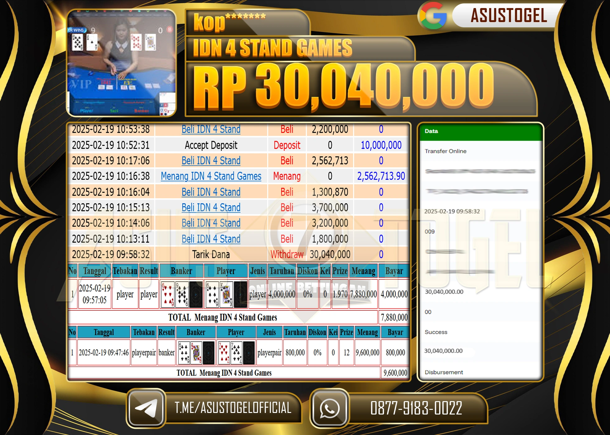 ASUSTOGEL KEMENANGAN DI IDN 4 STAND GAMES SEBESAR 30,040,000 - RUPIAH LUNAS