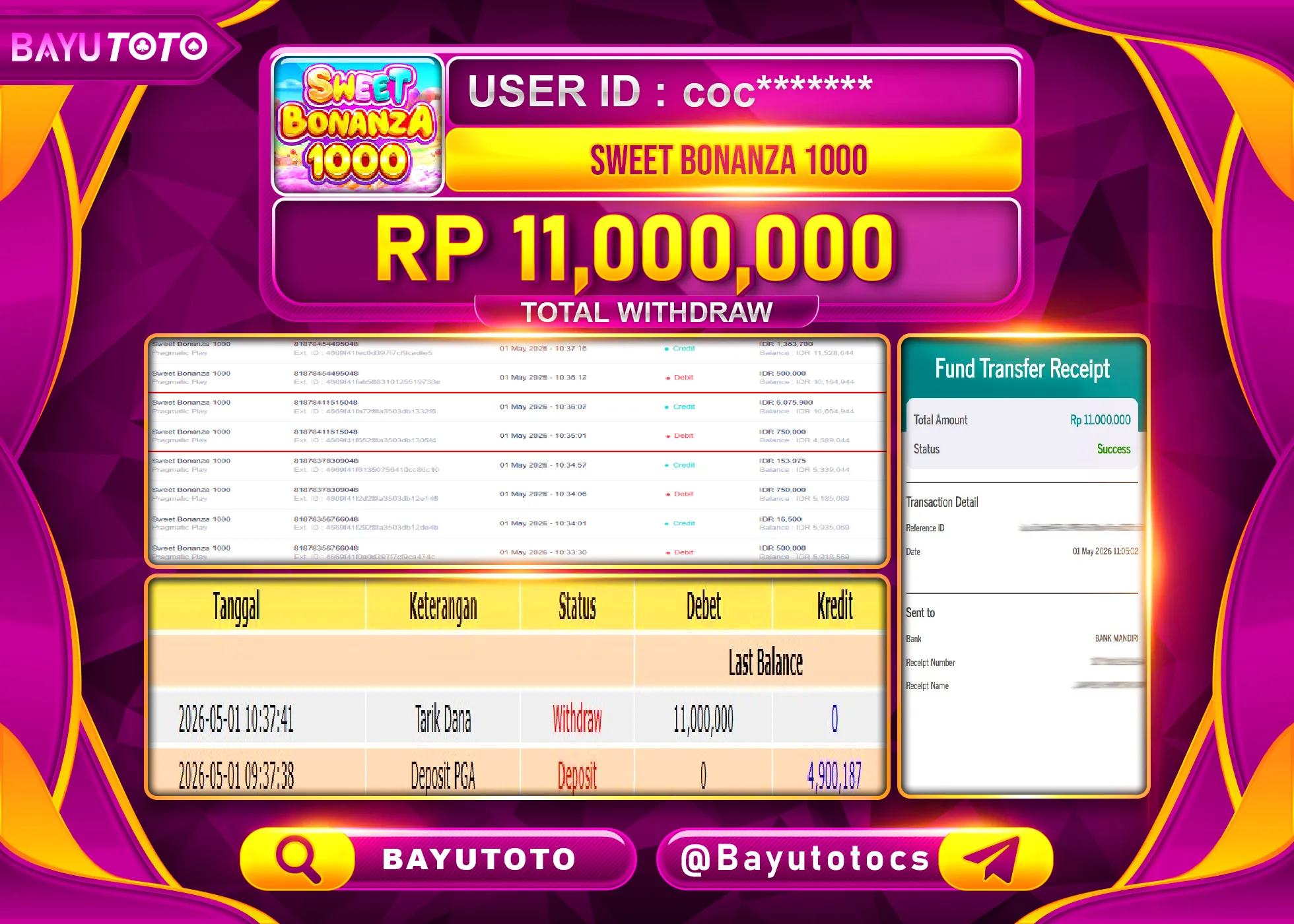 SELAMAT MEMBER SETIA BAYUTOTO JACKPOT DI SLOT SWEET BONANZA 1000 Rp. 11,000,000 LUNAS