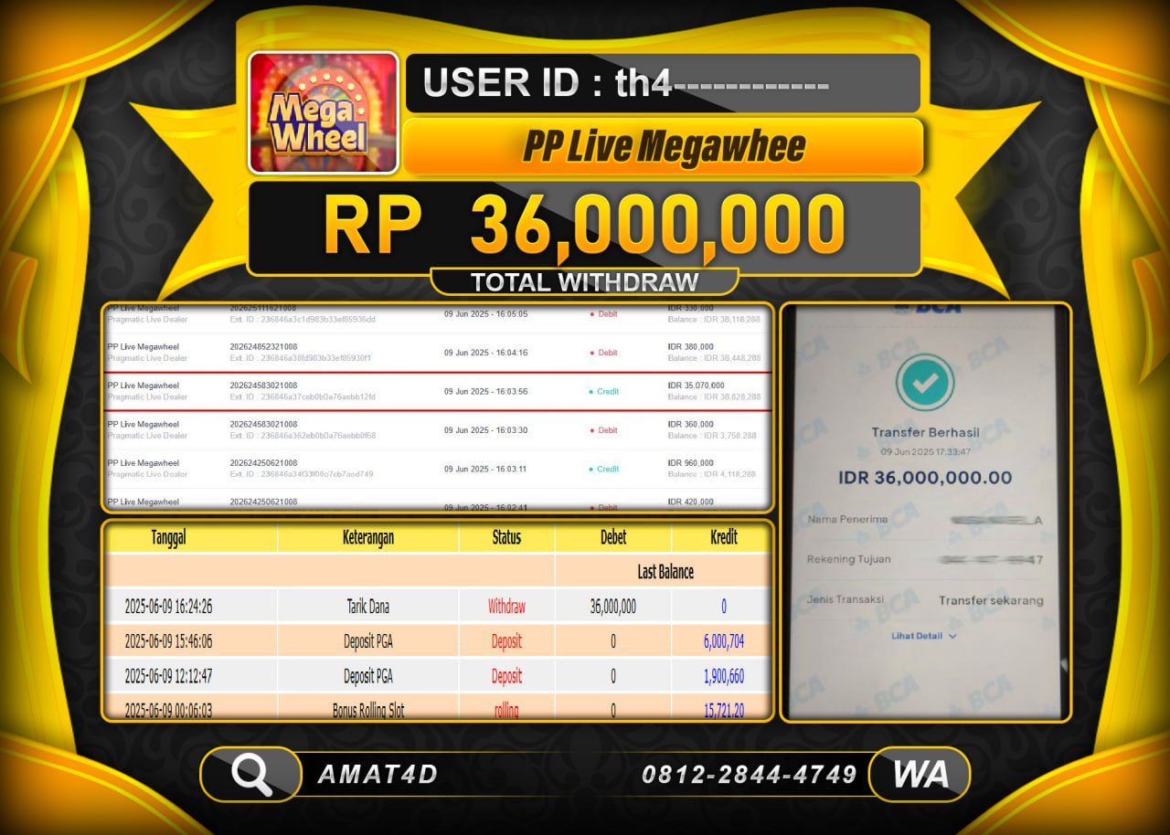 AMAT4D KEMENANGAN PP LIVE MEGAWHEEL  Rp.36.000.000 BERHASIL TERBAYAR LUNAS