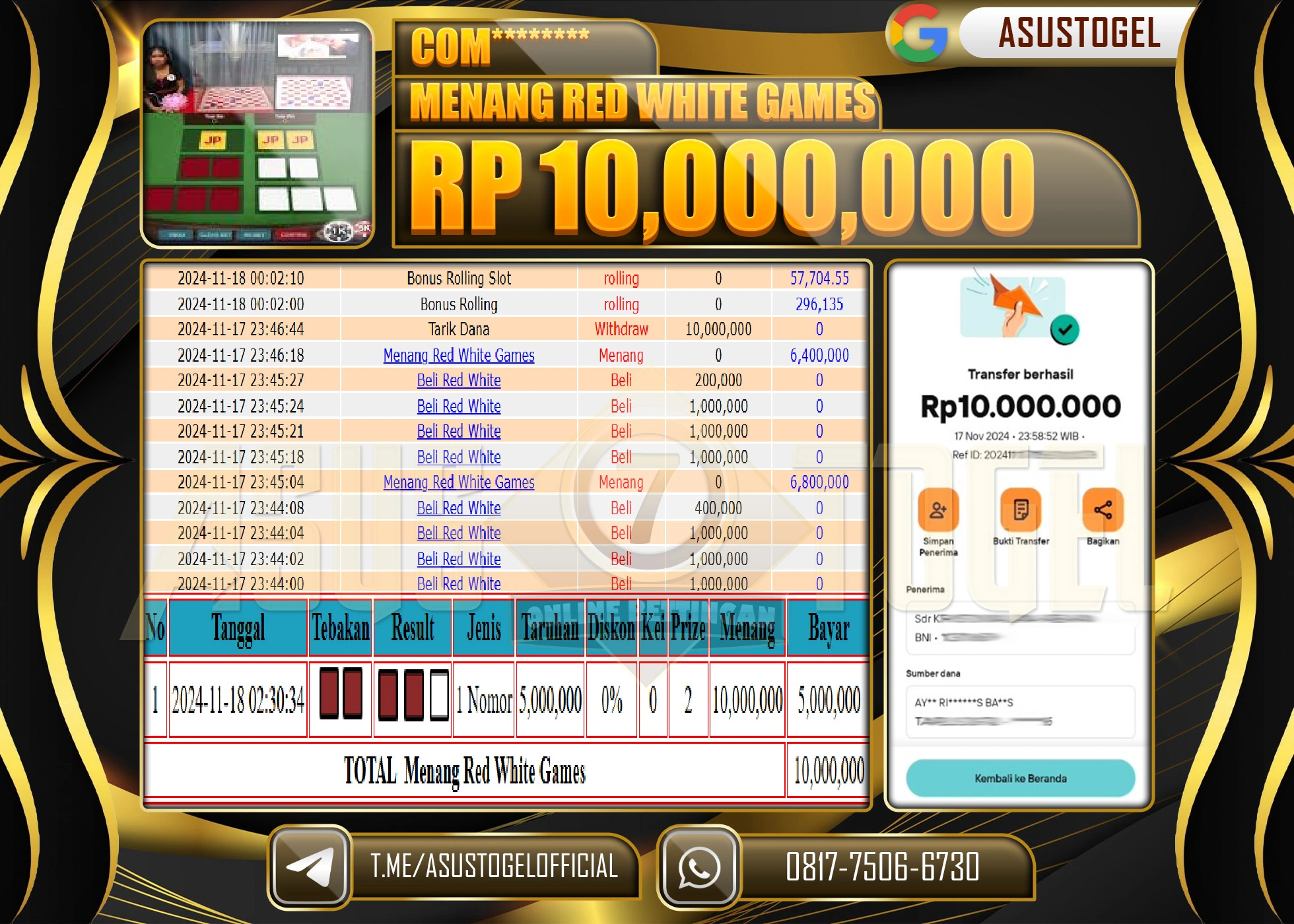 ASUSTOGEL KEMENANGAN DI LIVE GAMES RED WHITE GAMES SEBESAR 10,000,000- RUPIAH LUNAS