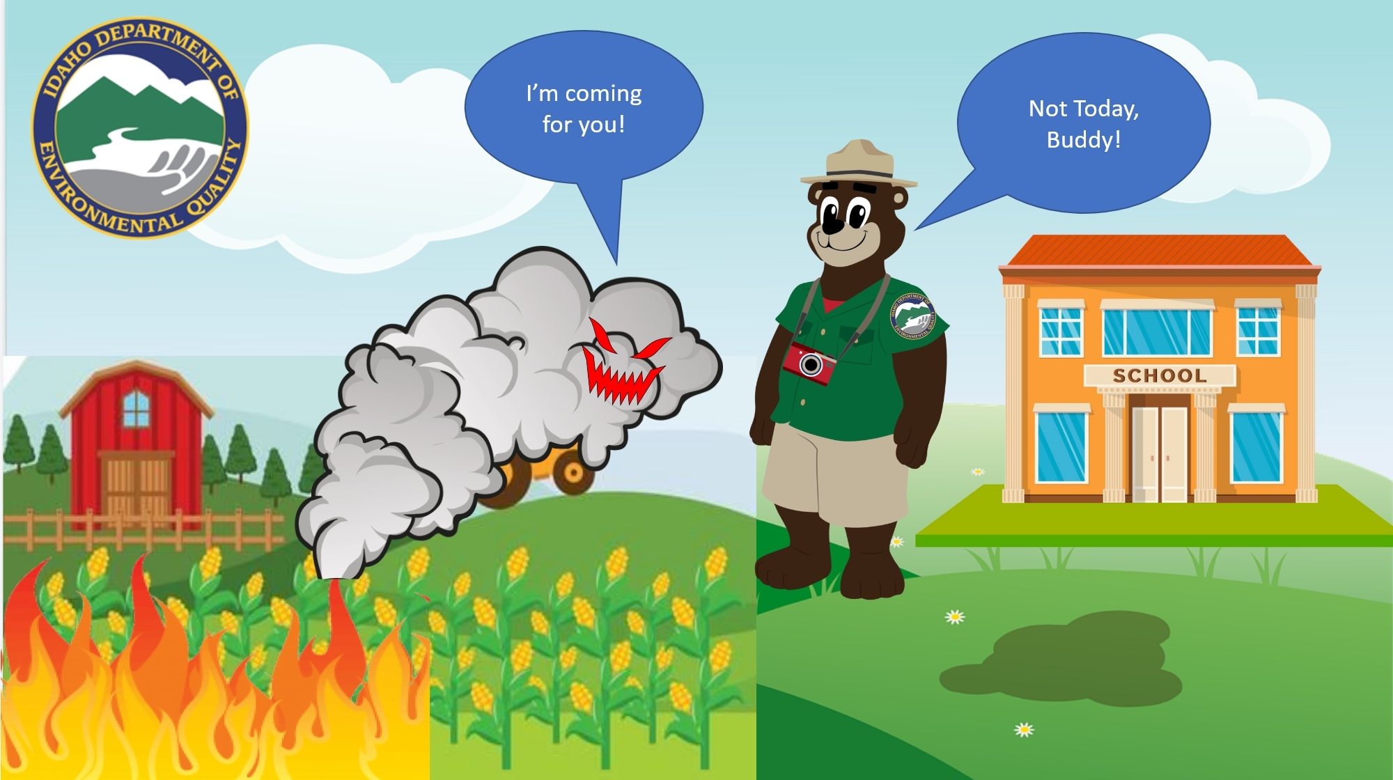 A graphic depicting a DEQ agent stopping the spread of smoke.