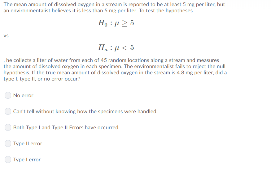 Solved The mean amount of dissolved oxygen in a stream is