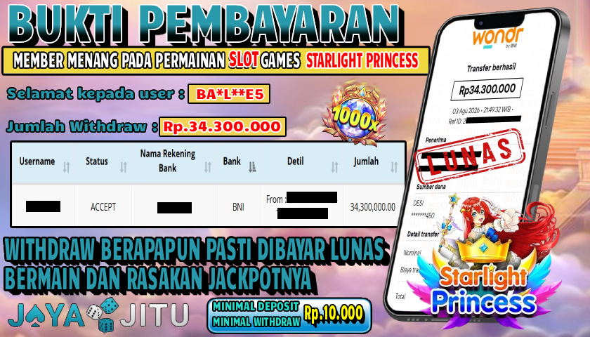 🏆 BUKTI KEMENANGAN SLOT STARLIGHT PRINCESS MEMBER  JAYAJITU🏆