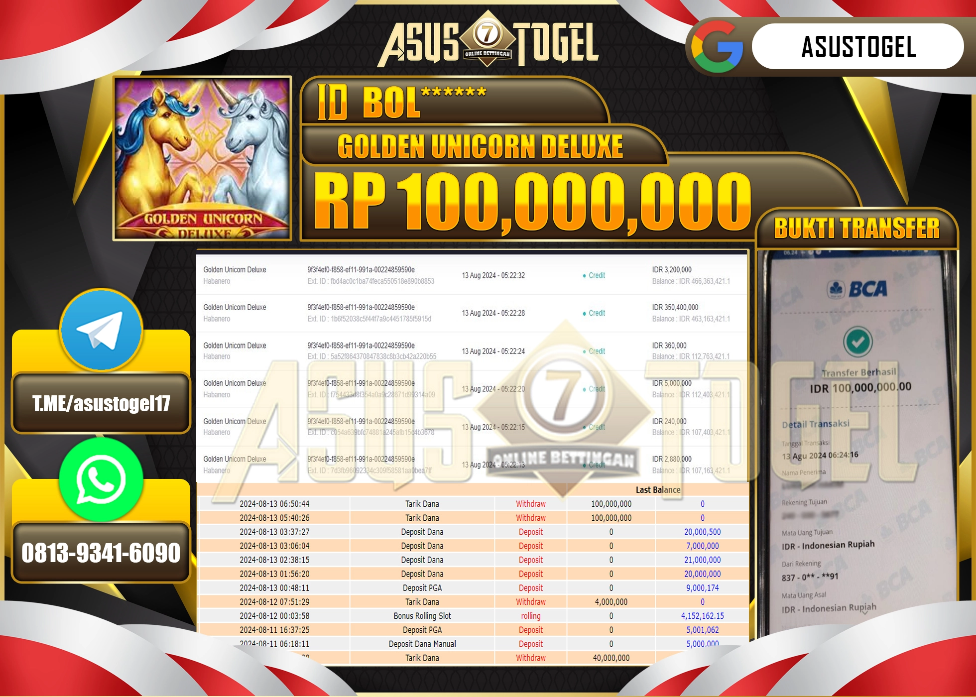 ASUSTOGEL KEMENANGAN DI GOLDEN UNICORN DELUXE  SEBESAR 100,000,000- RUPIAH LUNAS