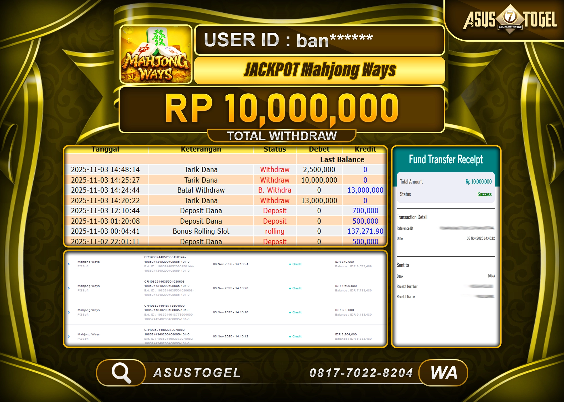 ASUSTOGEL KEMENANGAN DI SLOT MAHJONG WAYS SEBESAR 10,000,000 - RUPIAH LUNAS