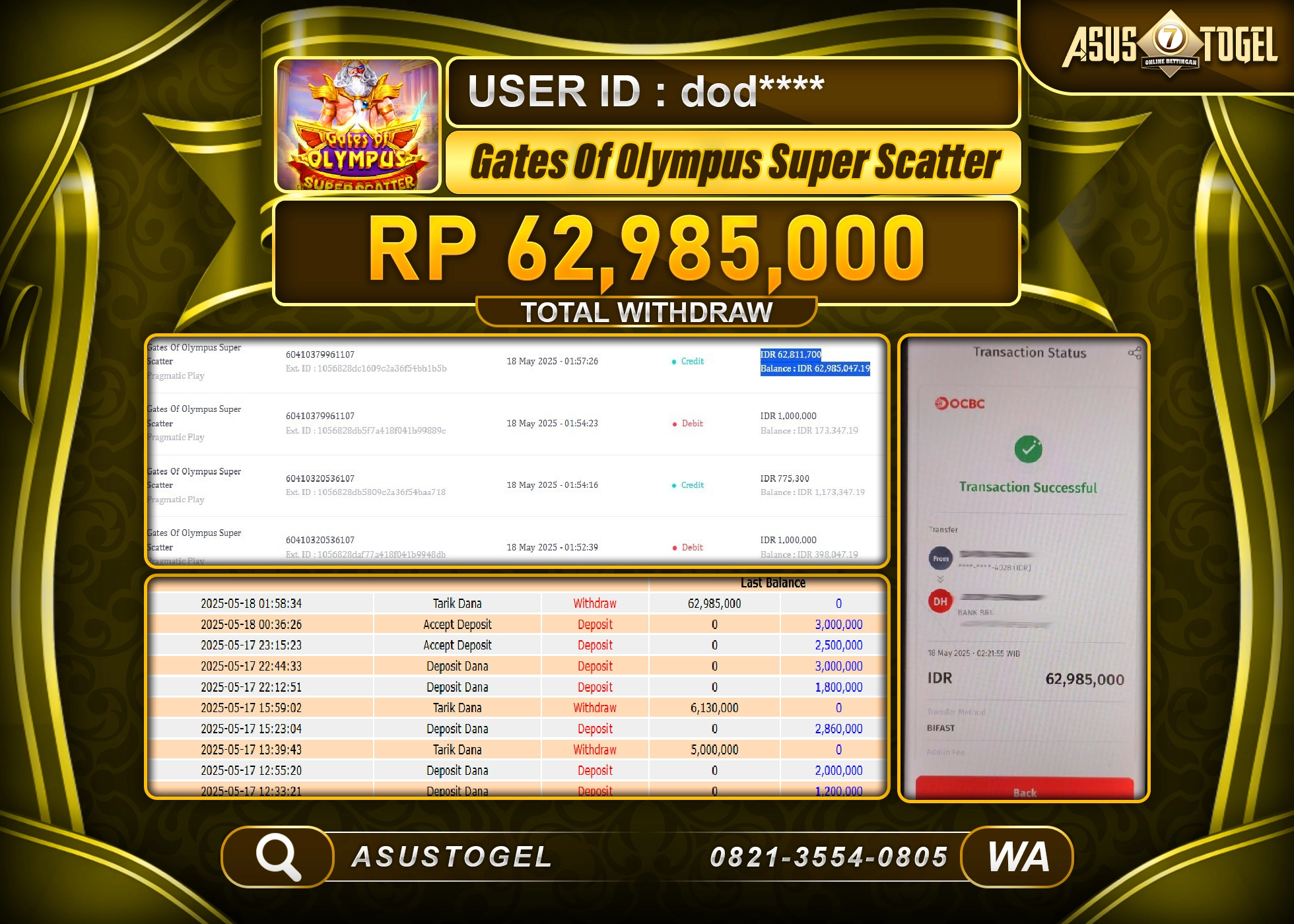  ASUSTOGEL KEMENANGAN DI SLOT GATES OF OLYMPUS SUPER SCATTER SEBESAR 62,985,000- RUPIAH LUNAS