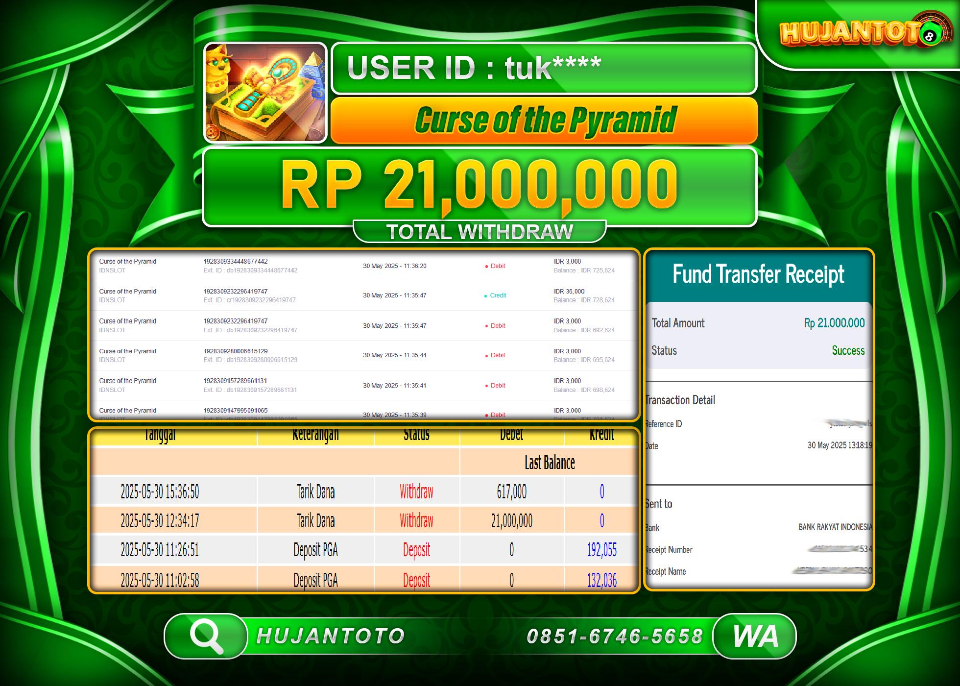  HUJANTOTO - BUKTI JACKPOT MENANG SLOT CURSE OF THE PYRAMID Rp.21,000,000 - TERBAYAR LUNAS