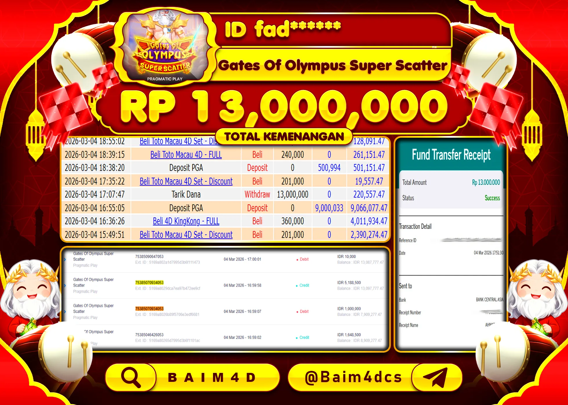 BAIM4D JACKPOT  GATES OF OLYMPUS SUPER SCATTER  Rp.13,000,000 - LUNAS