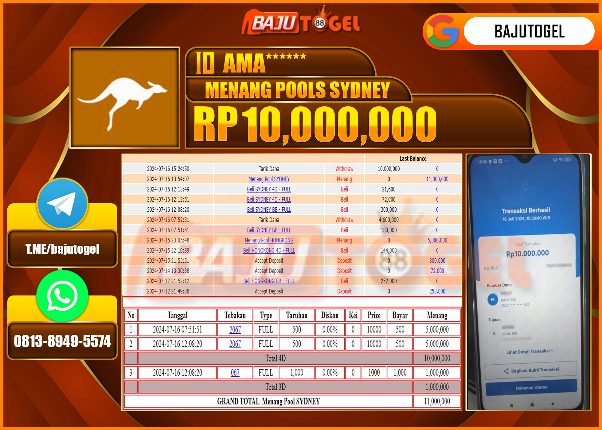 BAJUTOGEL KEMENANGAN PASARAN SYDNEY Rp.10.000.000 LUNAS