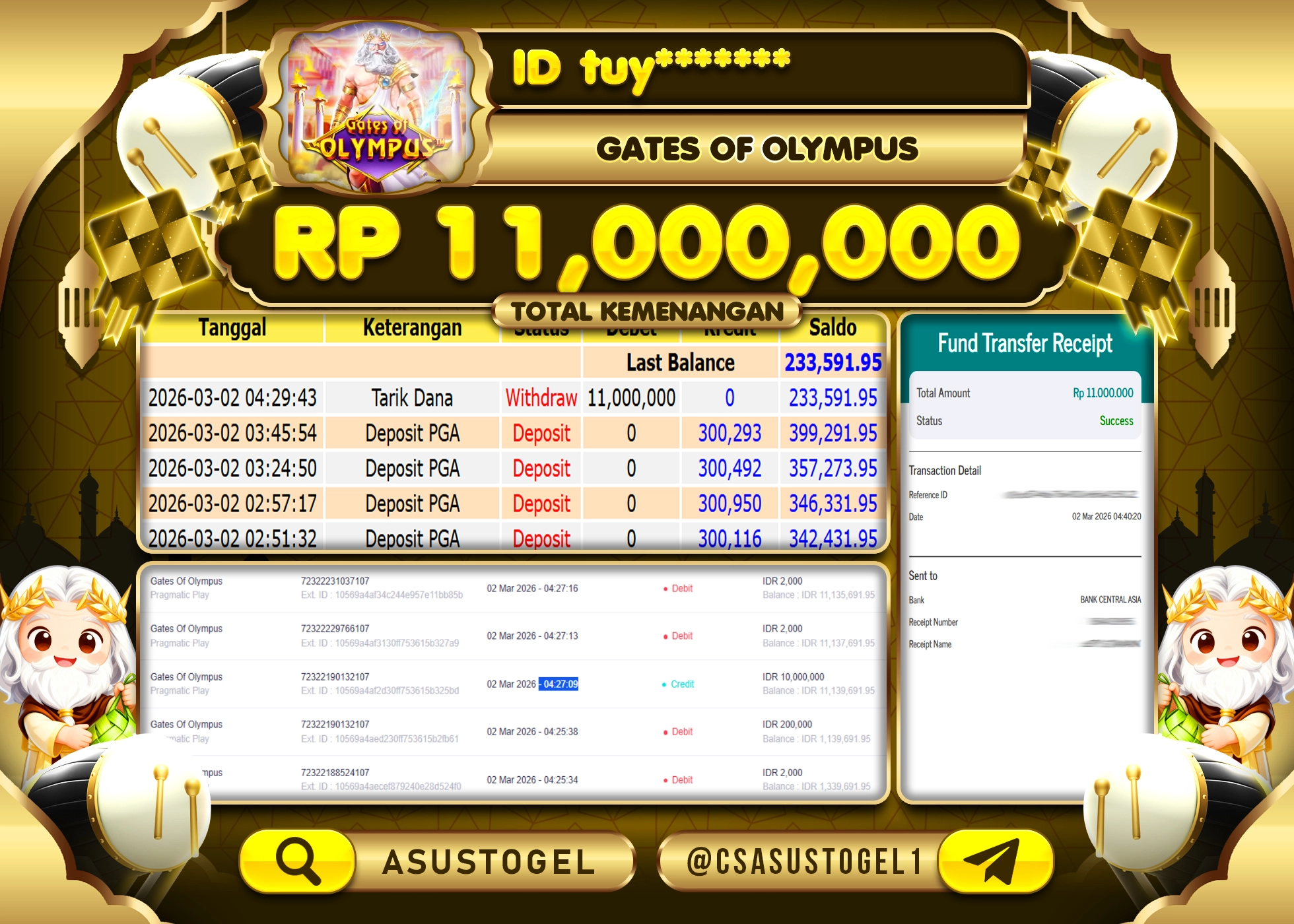 ASUSTOGEL KEMENANGAN DI SLOT GATES OF OLYMPUS SEBESAR 11,000,000 - RUPIAH LUNAS