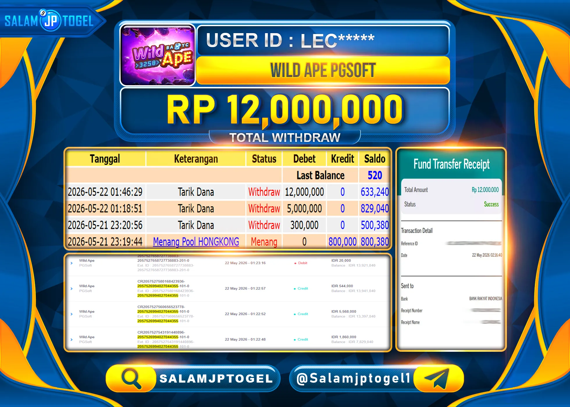 SALAMJPTOGEL JACKPOT MENANG: WILD APE PROVIDER PGSOFT Rp.12,000,000 - LUNAS