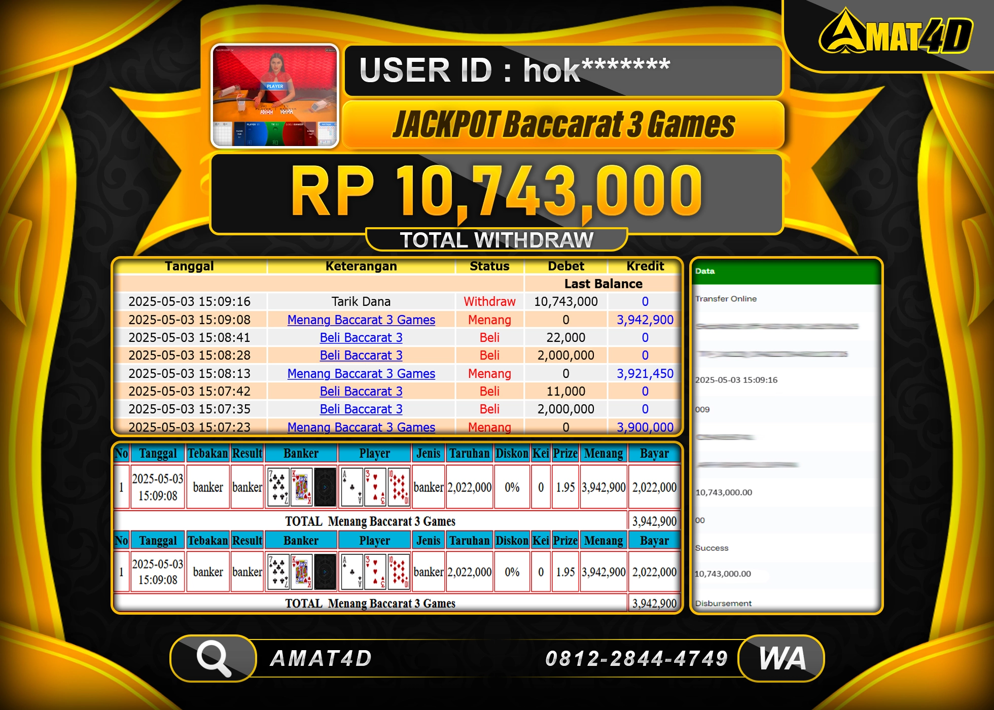 AMAT4D KEMENANGAN BACCARAT 3 GAMES Rp.10.743.000 BERHASIL TERBAYAR LUNAS