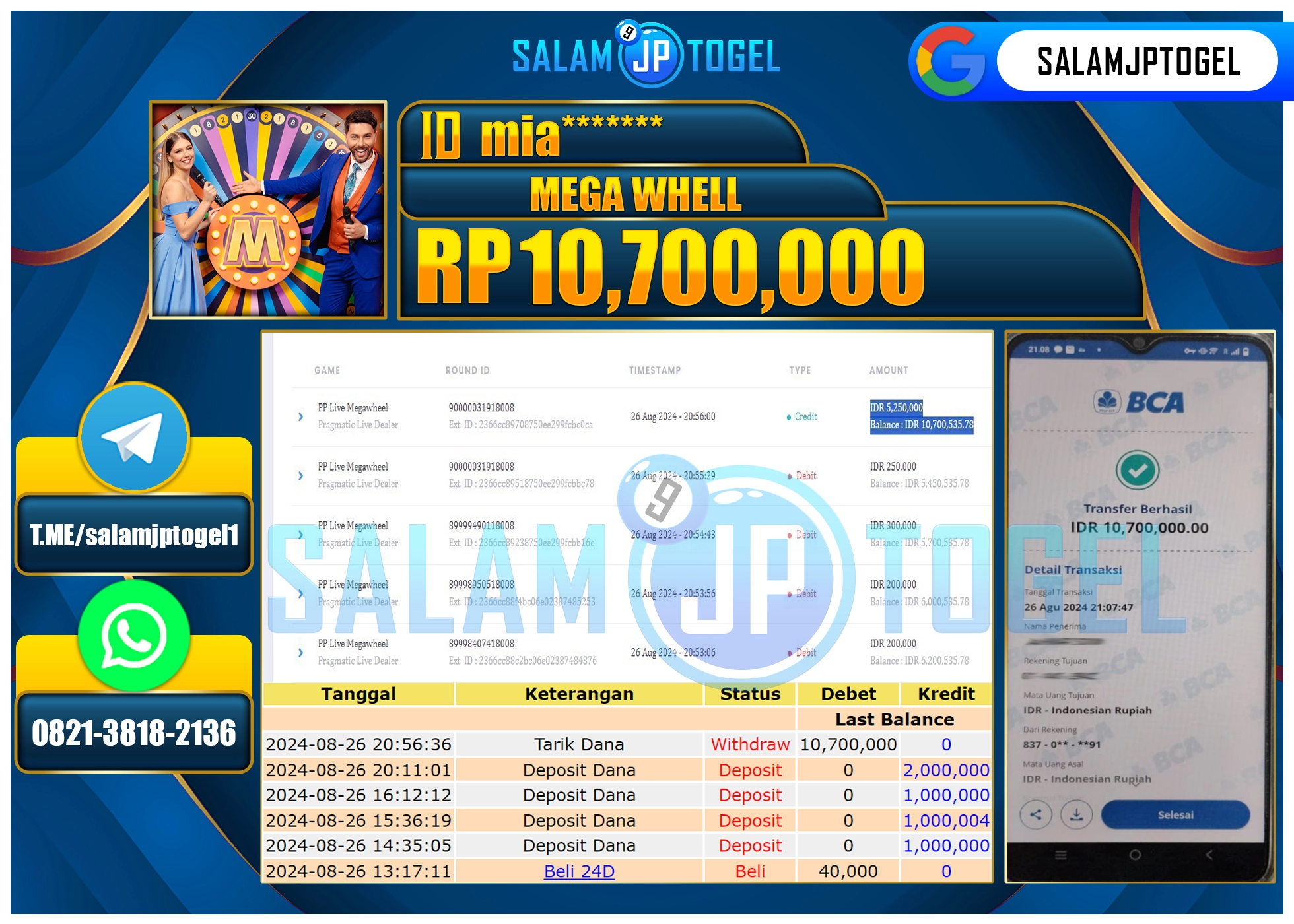 SALAMJPTOGEL MENANG LIVE Megawheel RP. 10,700,000 LUNAS