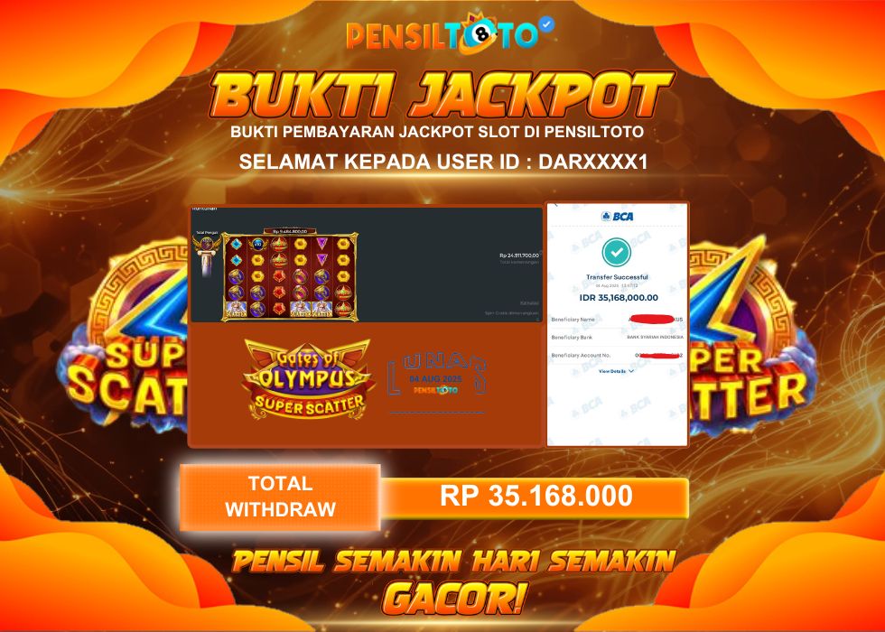 PENSILTOTO JACKPOT SLOT GATES OF OLYMPUS SUPER SCATTER  Rp.35.168.000,- LUNAS