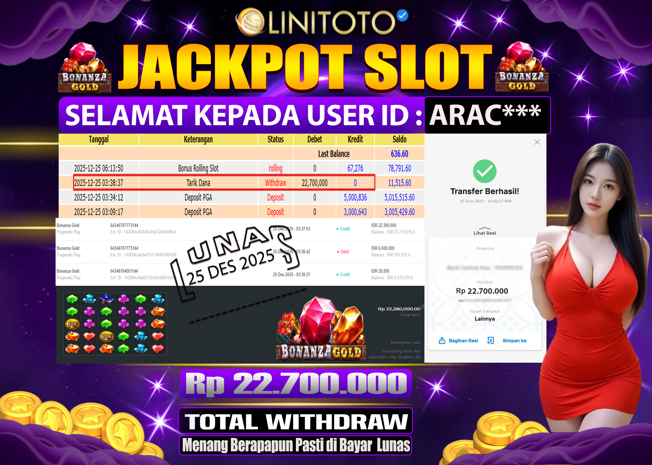 LINITOTO JACKPOT SLOT Bonanza Gold Rp.22,700,000 - LUNAS