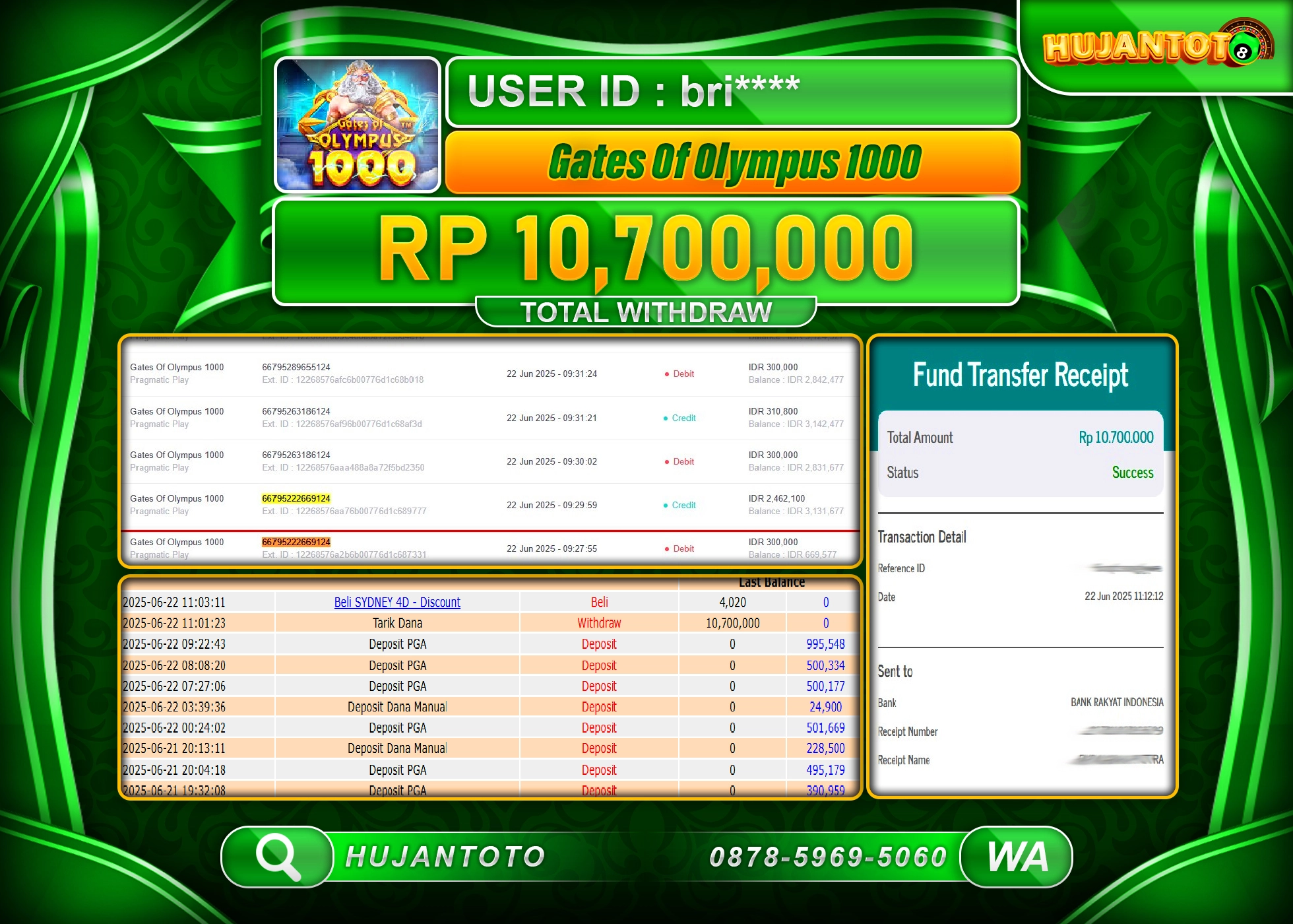 HUJANTOTO - BUKTI JACKPOT MENANG SLOT GATES OF OLYMPUS 1000 Rp.10,700,000 - TERBAYAR LUNAS