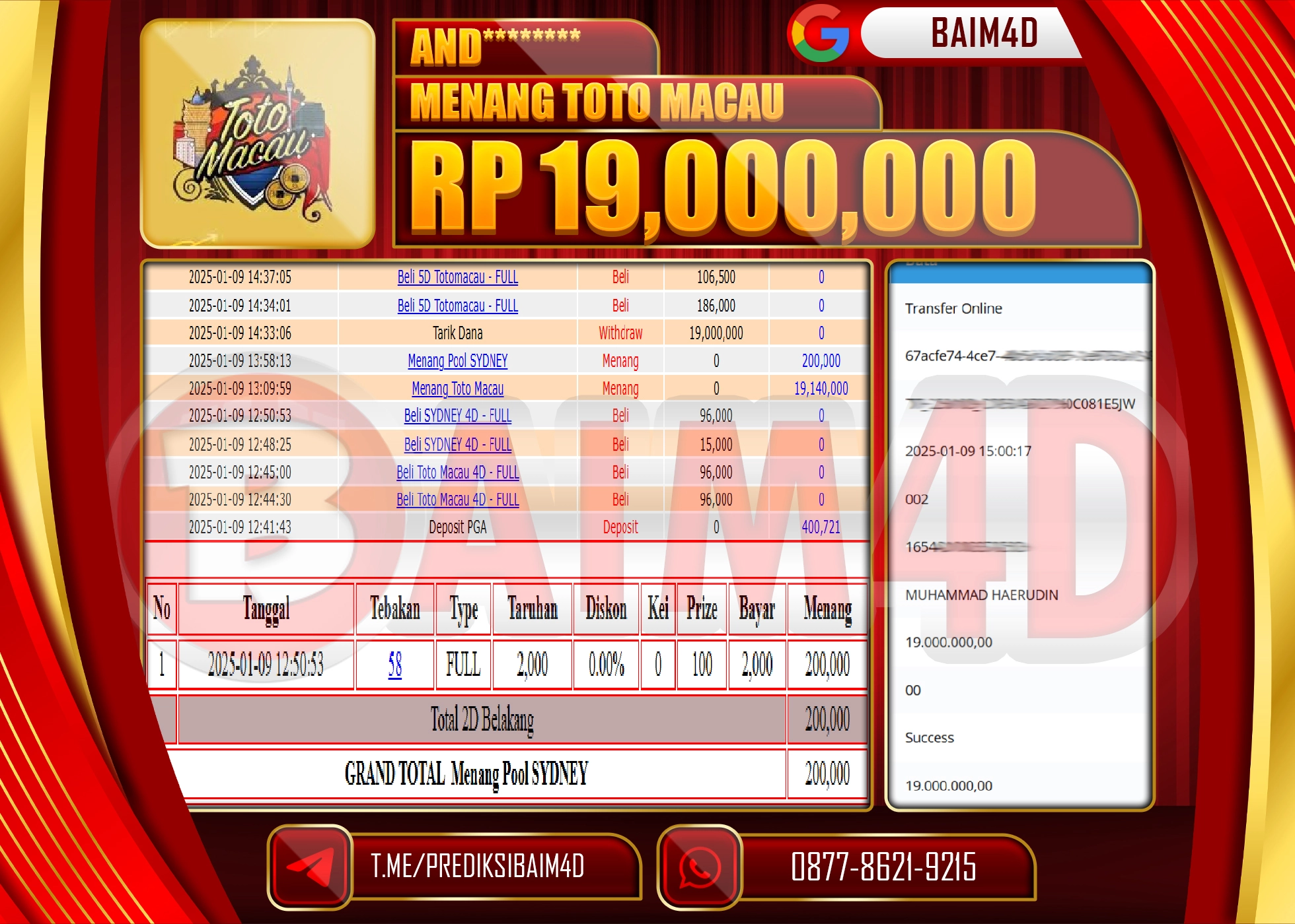 BAIM4D JACKPOT MENANG TOTO MACAU 4D POOLS Rp.19.000,000.- LUNAS