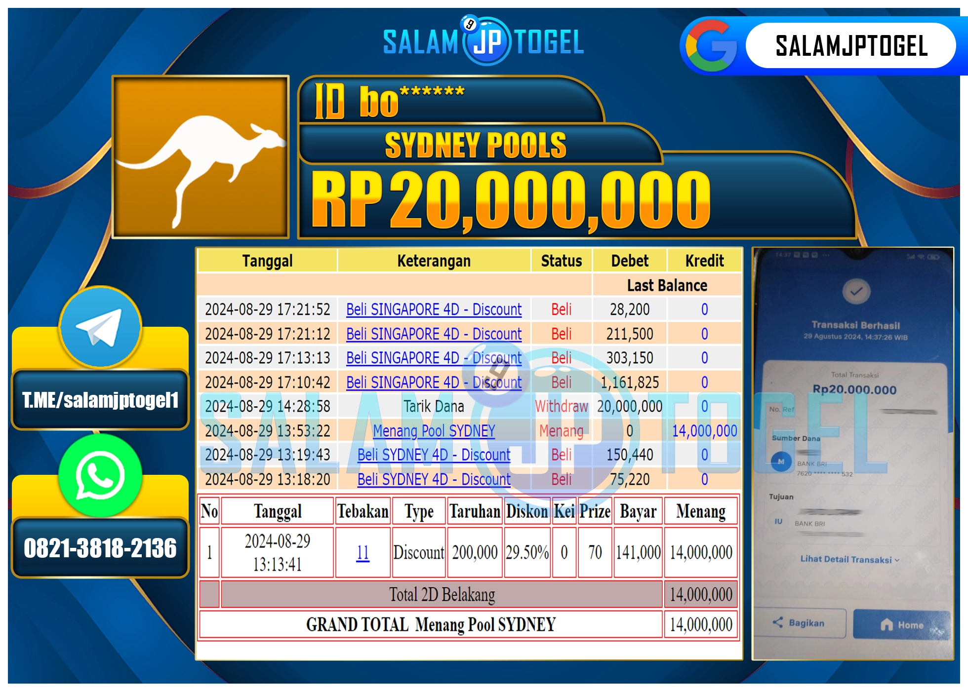SALAMJPTOGEL MENANG POOLS SYDNEY RP. 20,000,000 LUNAS