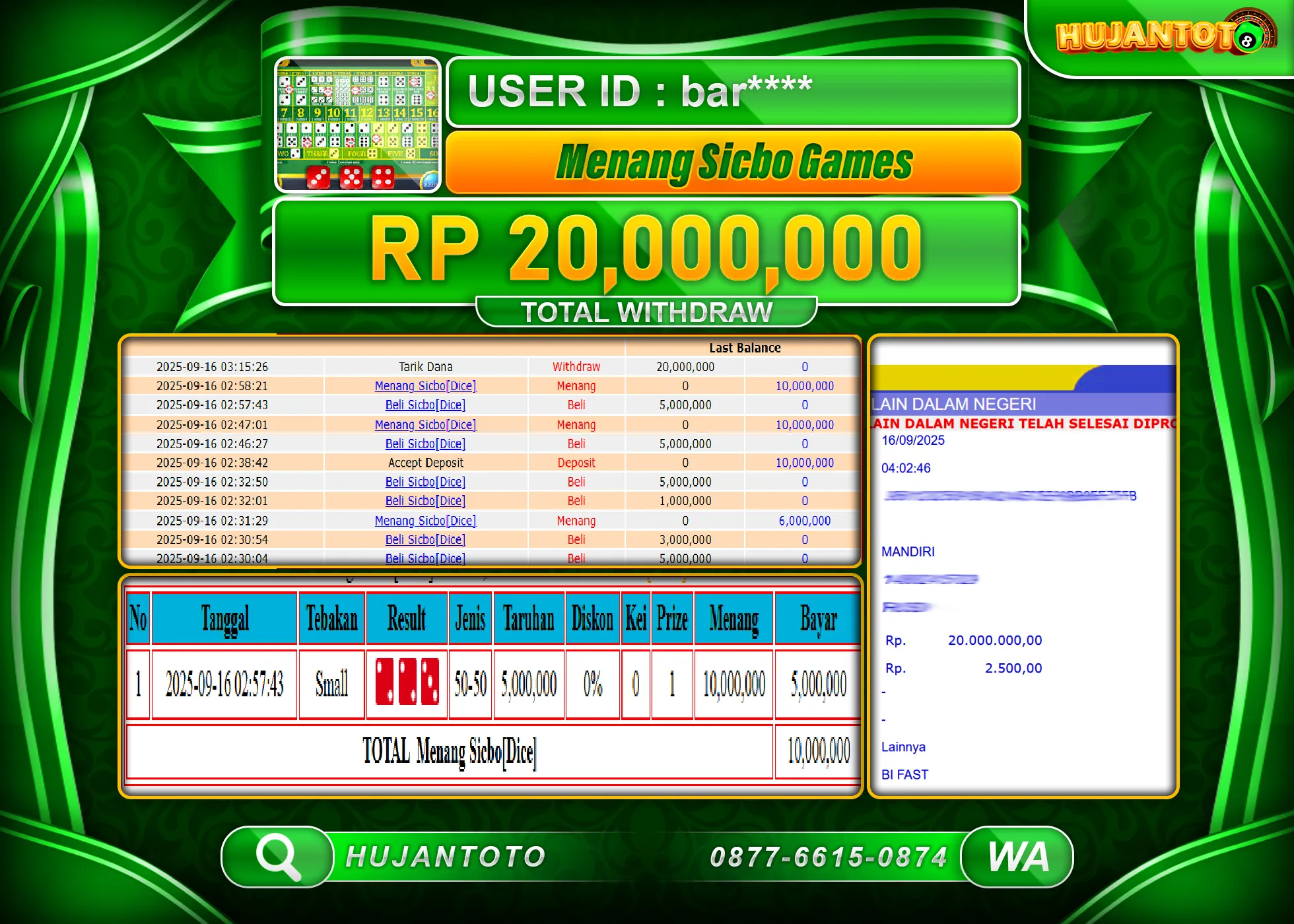 HUJANTOTO - BUKTI JACKPOT MENANG LIVE GAMES SICBO DICE Rp.20,000,000 - TERBAYAR LUNAS