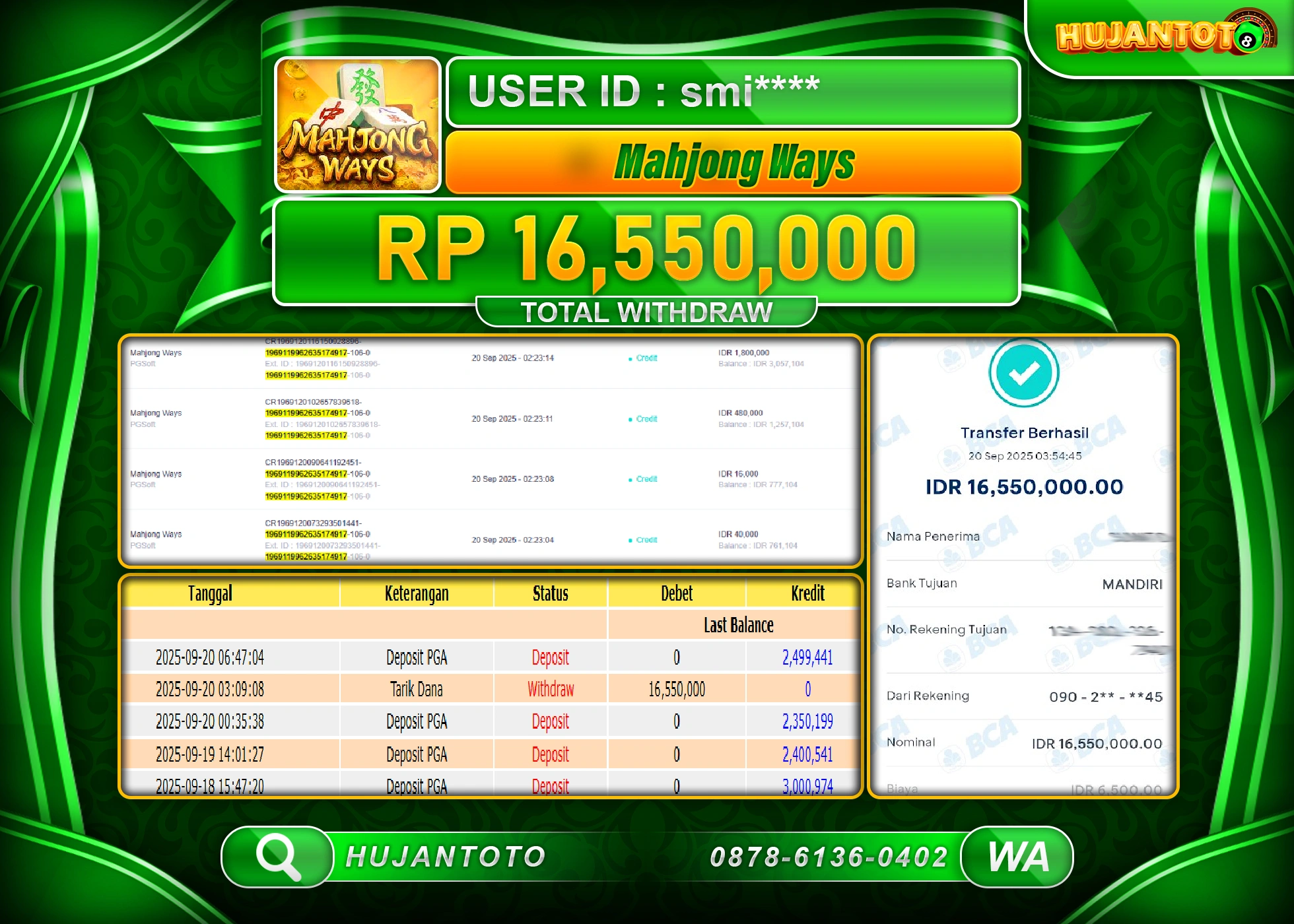 HUJANTOTO - BUKTI JACKPOT MENANG SLOT MAHJONG WAYS Rp.16,550,000 - TERBAYAR LUNAS