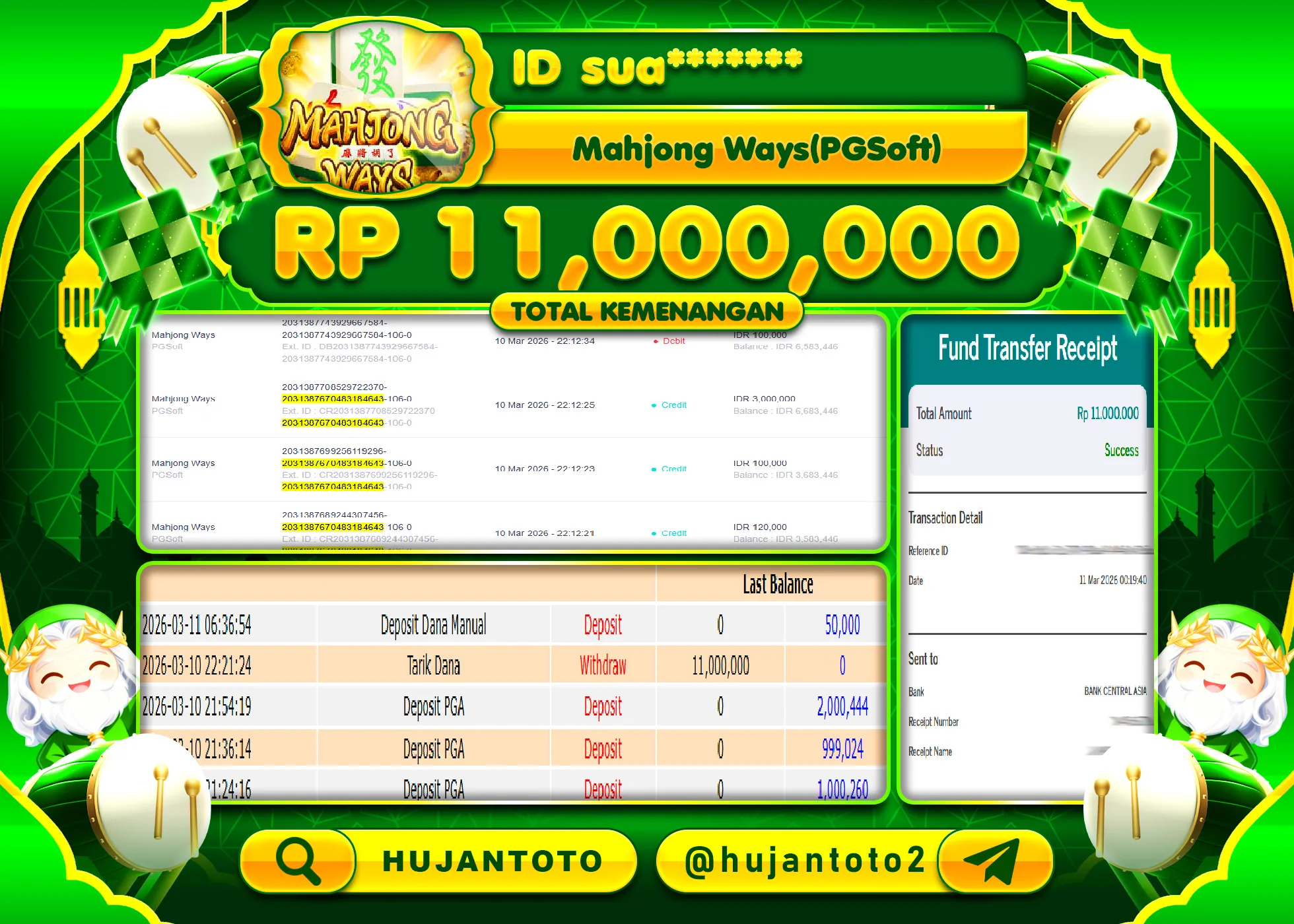 HUJANTOTO - BUKTI JACKPOT MENANG SLOT MAHJONG WAYS Rp.11,000,000 - TERBAYAR LUNAS