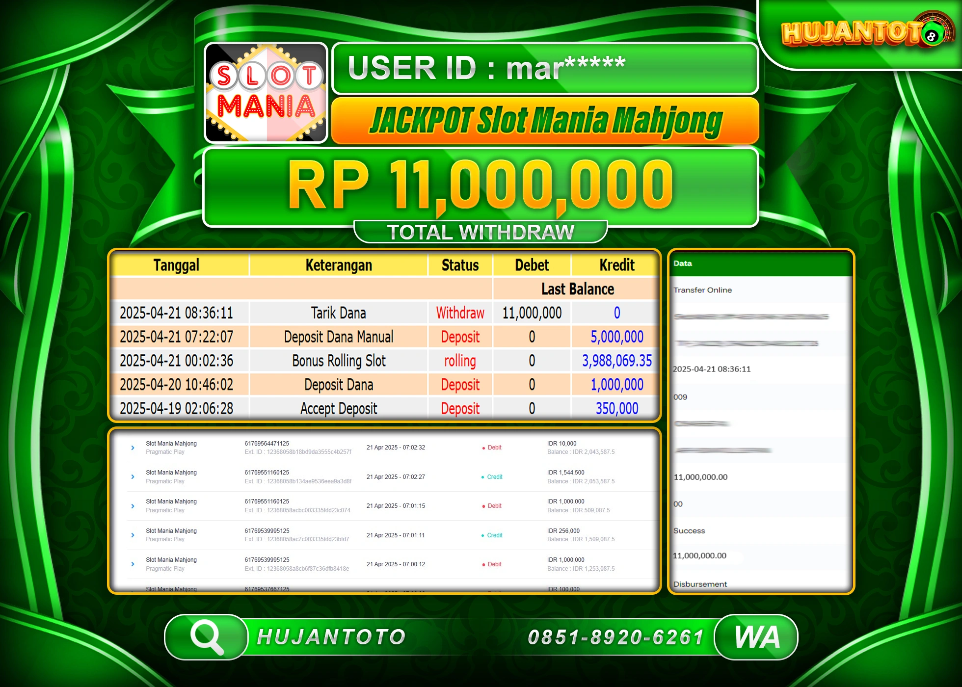 HUJANTOTO - BUKTI JACKPOT MENANG SLOT SLOT MANIA MAHJONG Rp,11,000,000 - TERBAYAR LUNAS