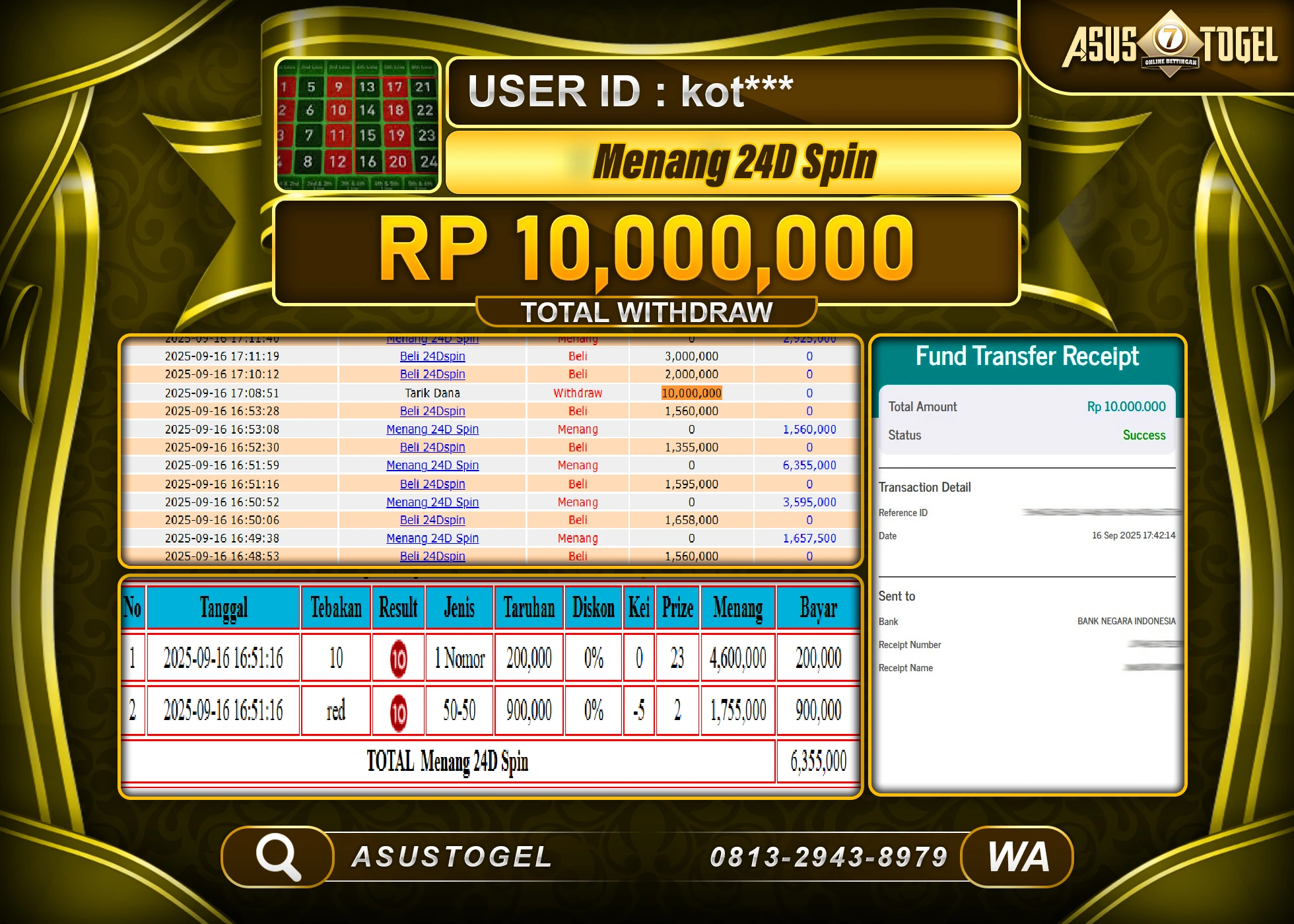 ASUSTOGEL KEMENANGAN DI LIVE GAMES 24D SPIN SEBESAR 10,000,000- RUPIAH LUNAS