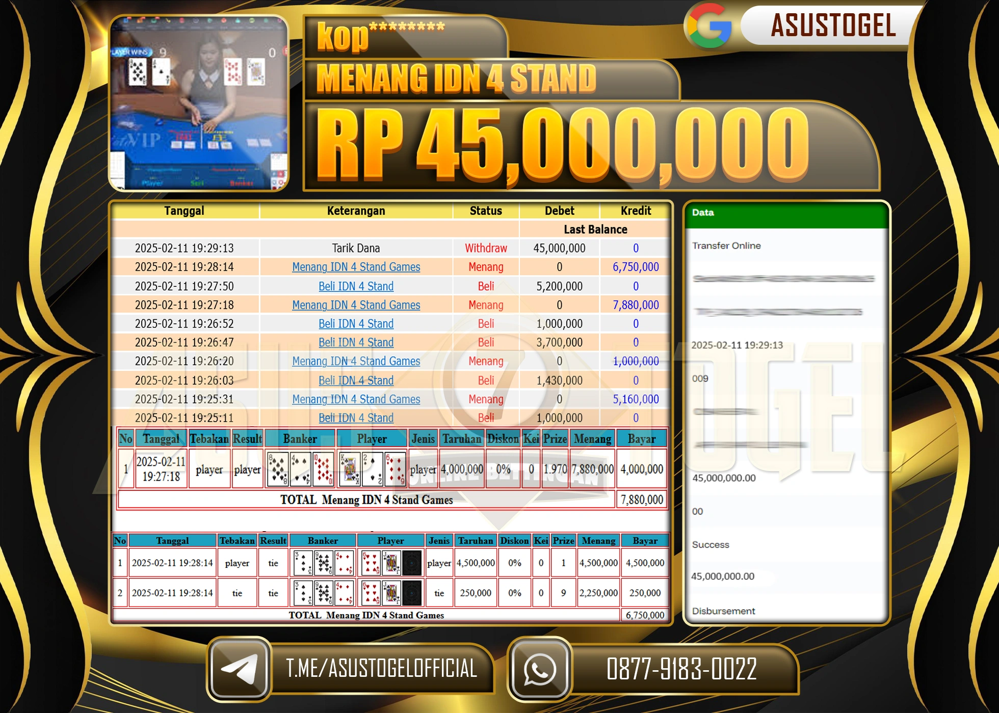 ASUSTOGEL KEMENANGAN DI IDN 4 STAND GAMES SEBESAR 45.000.000 - RUPIAH LUNAS