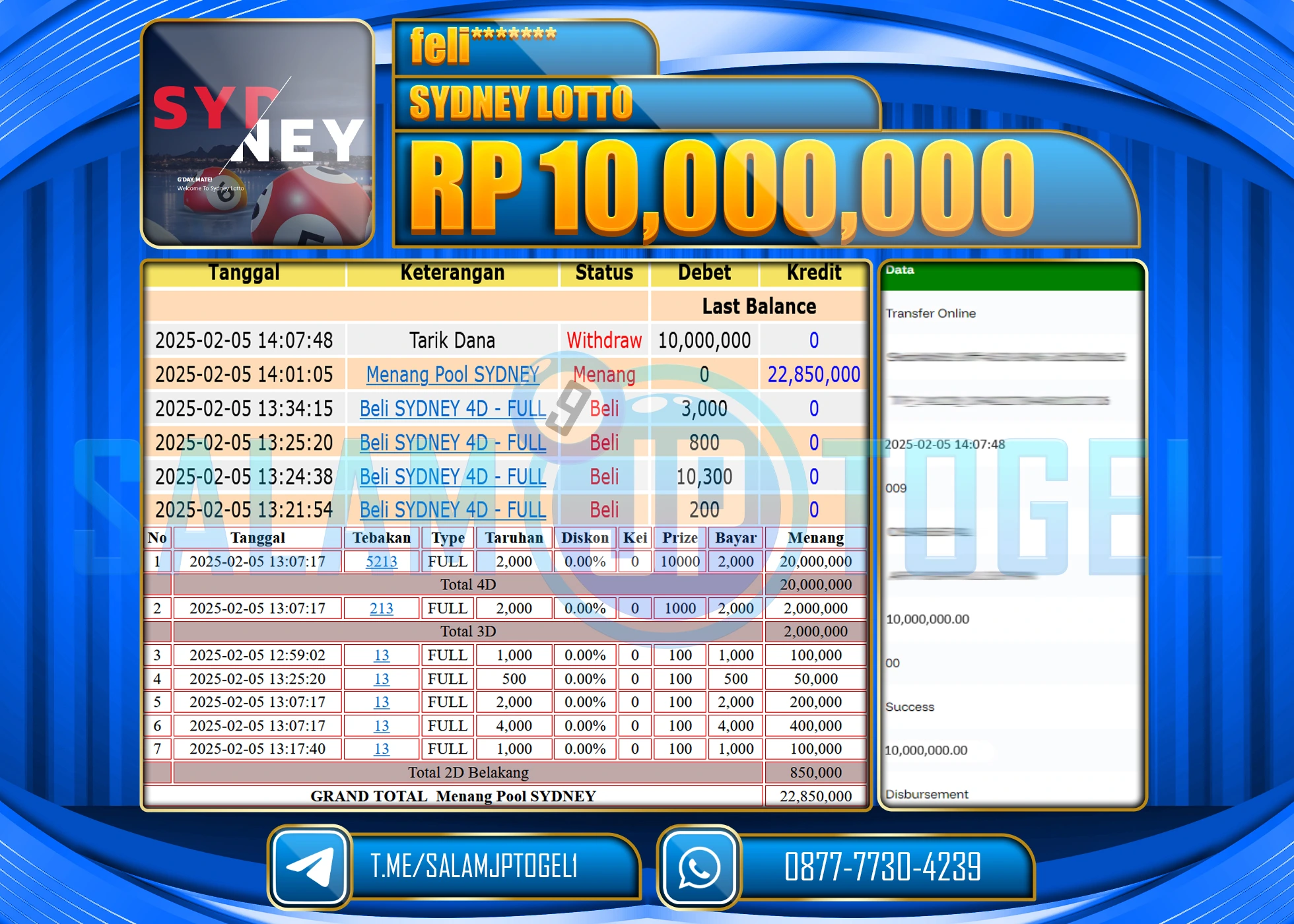 SALAMJPTOGEL MENANG TOGEL SYDNEY LOTTO  Rp.10,000,000 LUNAS