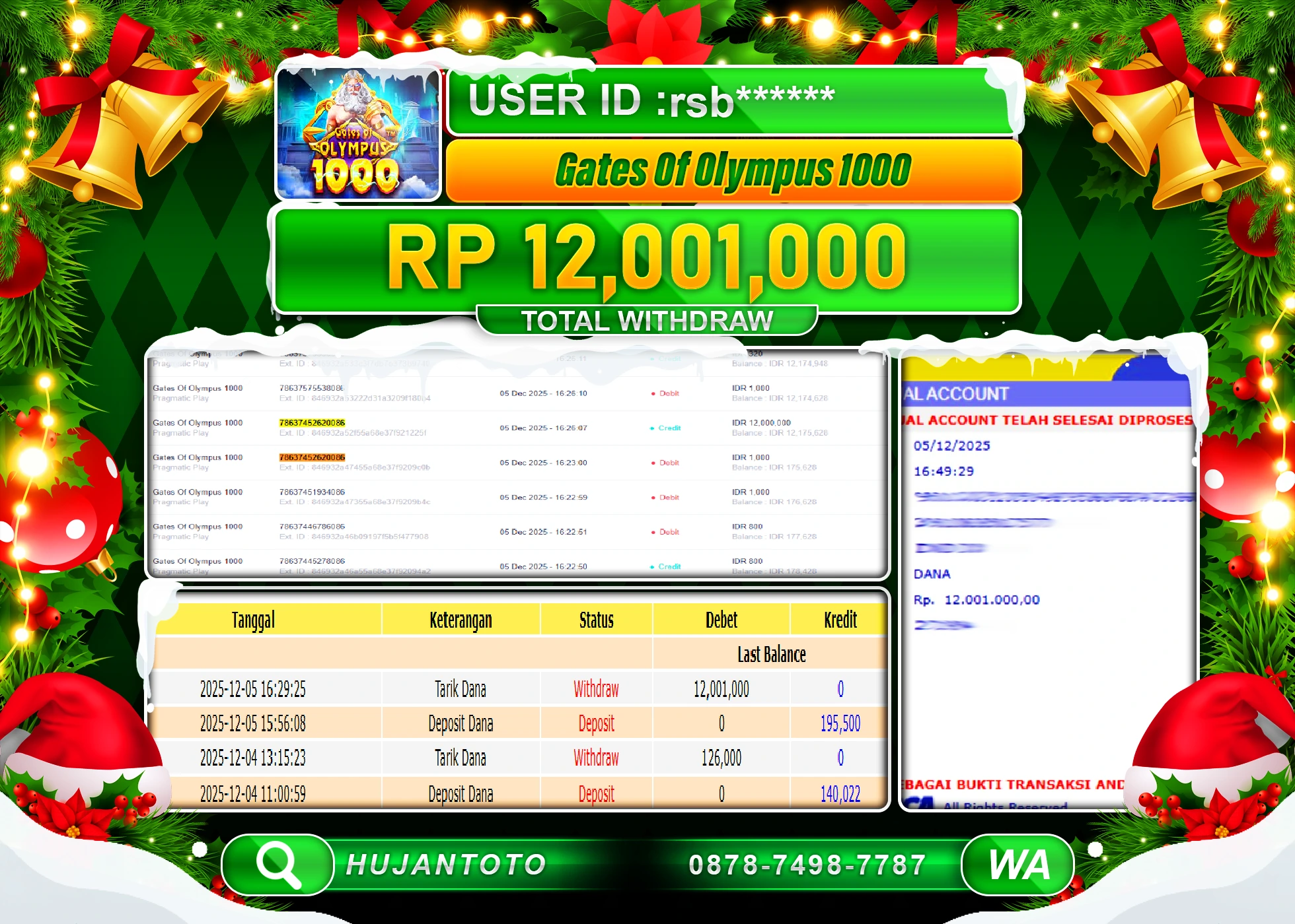 HUJANTOTO - BUKTI JACKPOT MENANG SLOT GATES OF OLYMPUS 1000 Rp.12,001,000 - TERBAYAR LUNAS