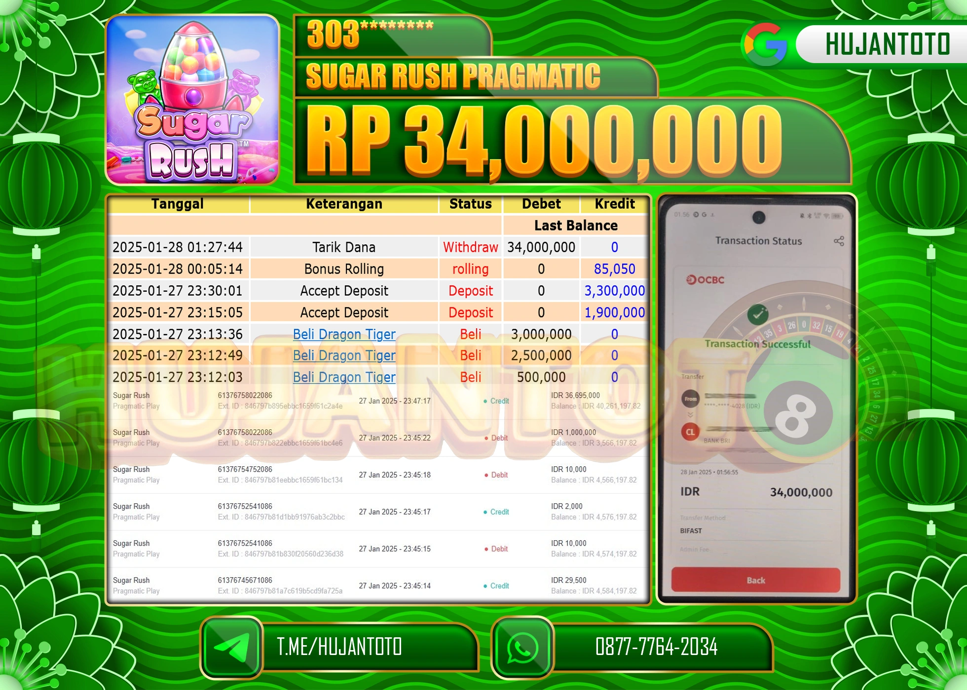 HUJANTOTO - BUKTI JACKPOT MENANG SLOTSUGAR RUSH PRAGMATIC Rp,34,000,000 - TERBAYAR LUNAS