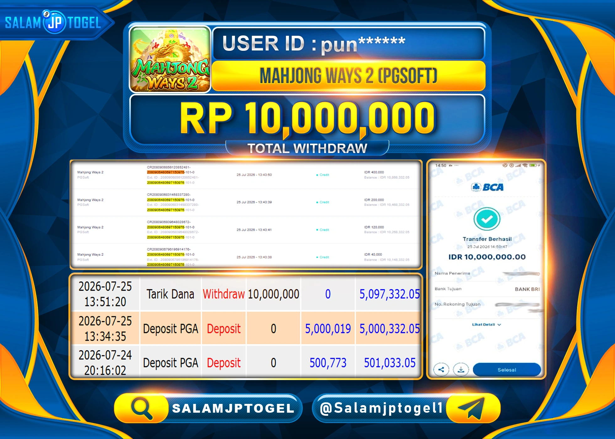 SALAMJPTOGEL JACKPOT MENANG SLOT MAHJONG WAYS  2 PGSOFT Rp.10,000,000 - LUNAS