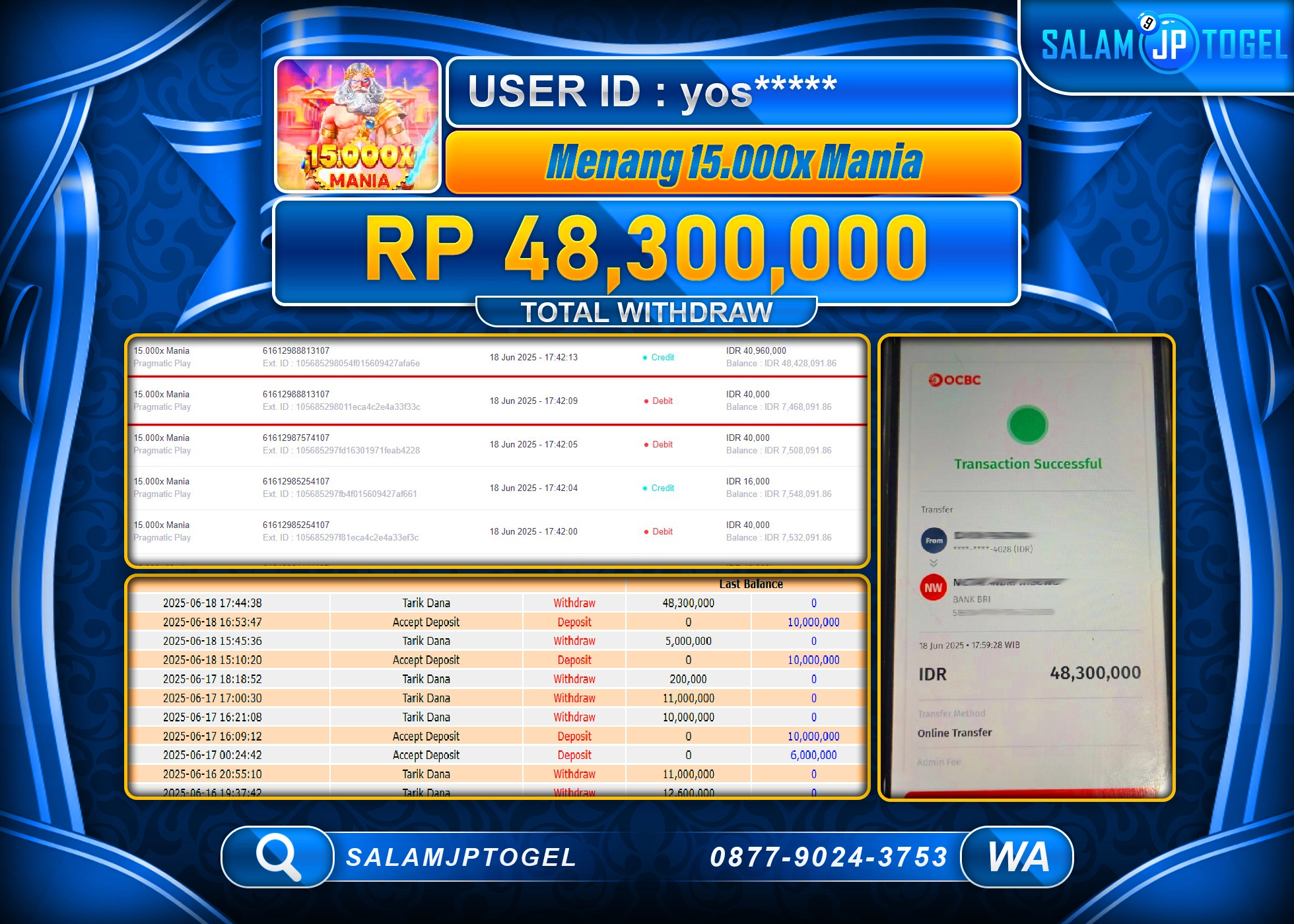 SALAMJPTOGEL MENANG 15.000x Mania Rp.48,300,000 LUNAS