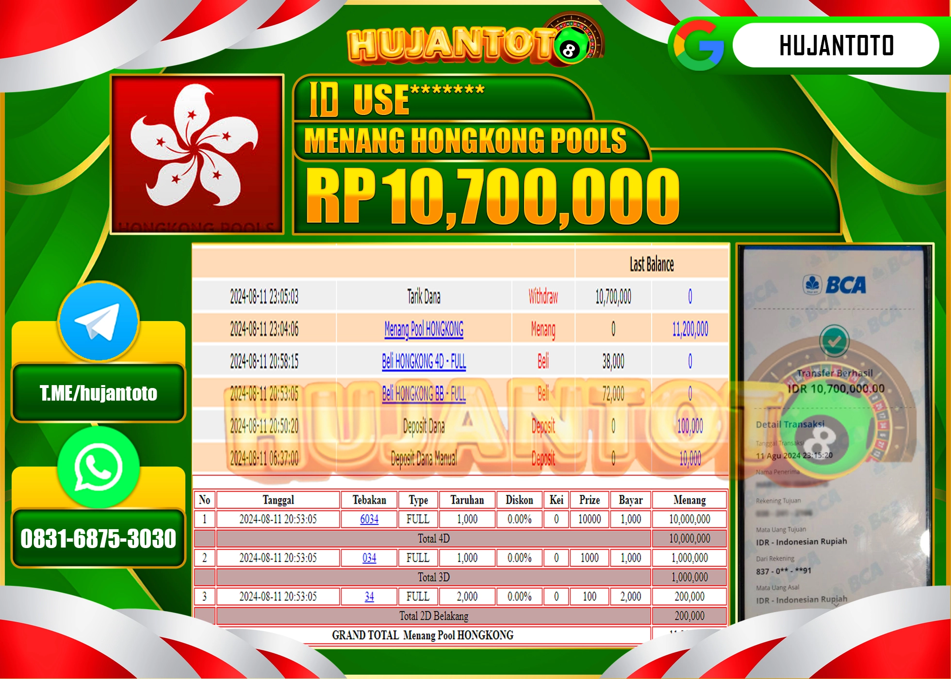 HUJANTOTO MENANG BESAR DI PERMAINAN TOGEL HONGKONG POOLS 10.700.000  - LUNAS 