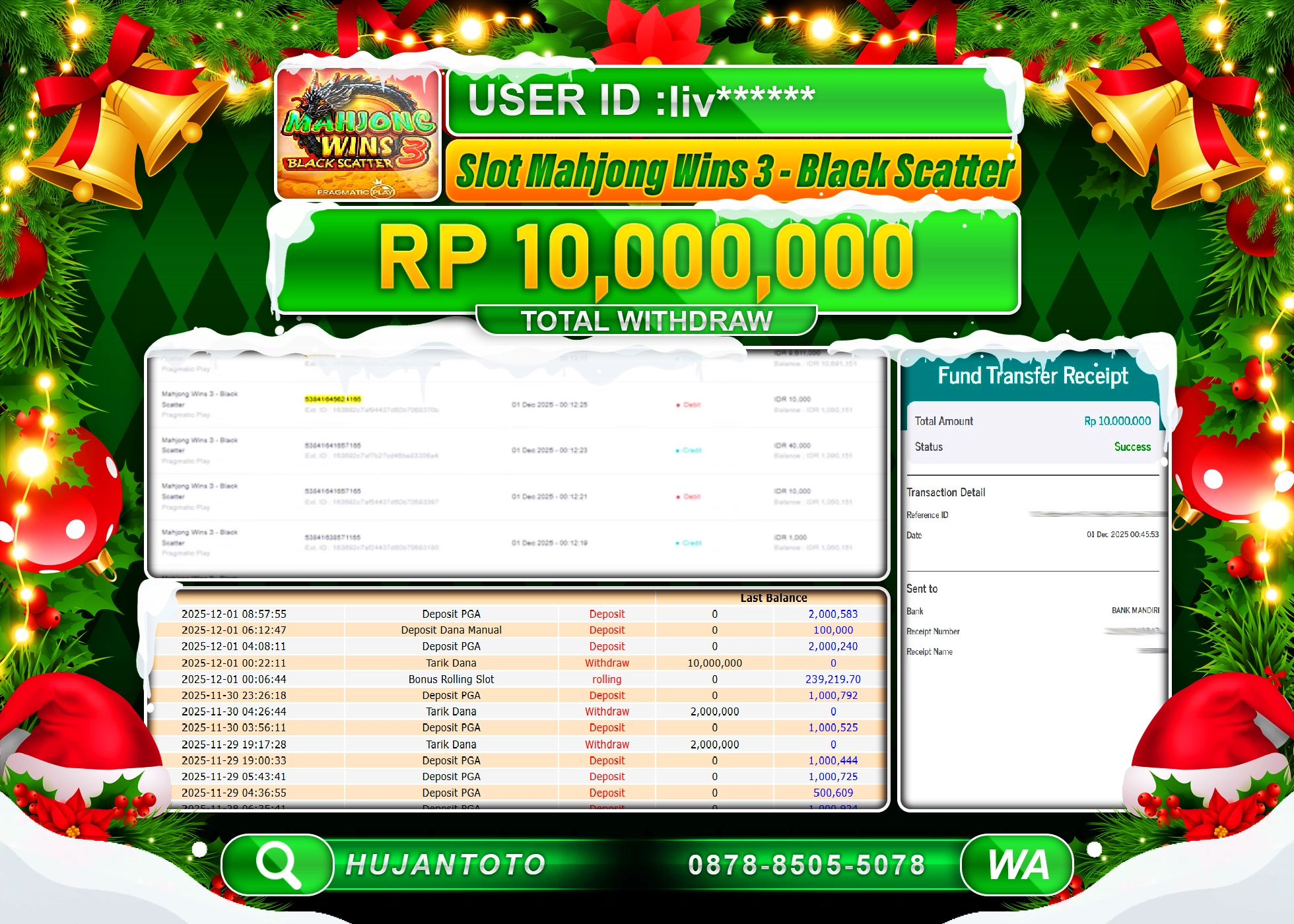 HUJANTOTO - BUKTI JACKPOT MENANG MAHJONG WINS 3 - BLACK SCATTER Rp.10,000,000 - TERBAYAR LUNAS