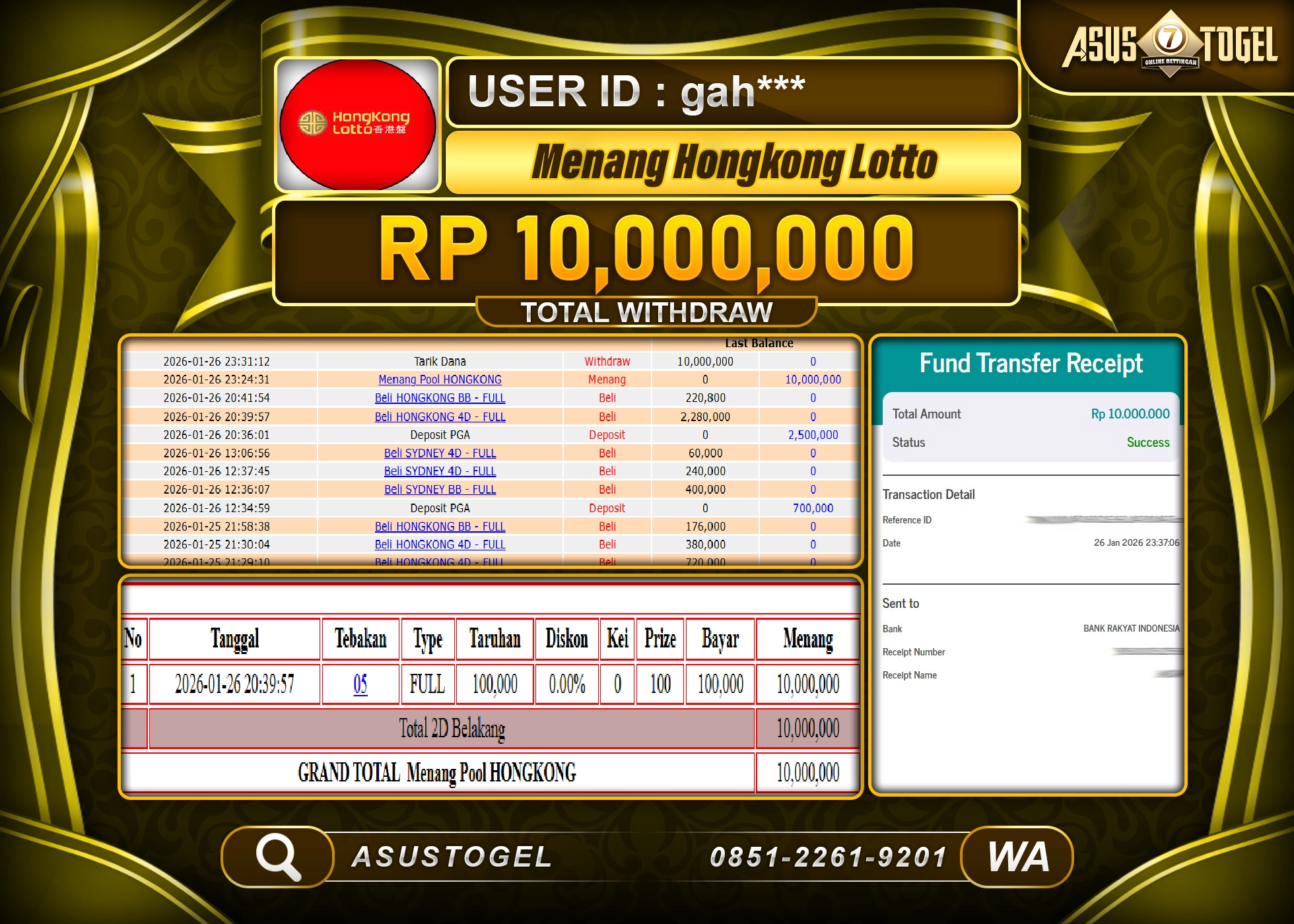 ASUSTOGEL KEMENANGAN DI TOGEL HONGKONG LOTTO SEBESAR 10,000,000 - RUPIAH LUNAS