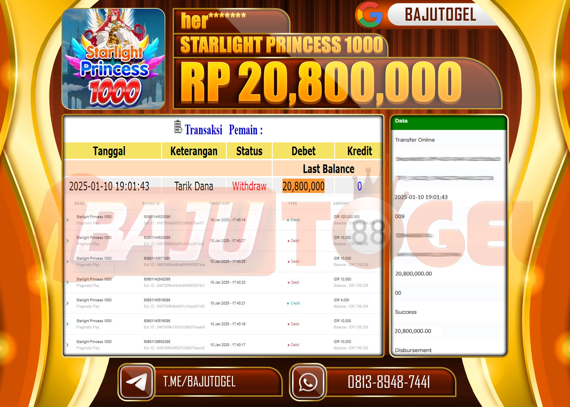 BAJUTOGEL JACKPOT STARLIGHT PRINCESS 1000 Rp.20.800.000 LUNAS