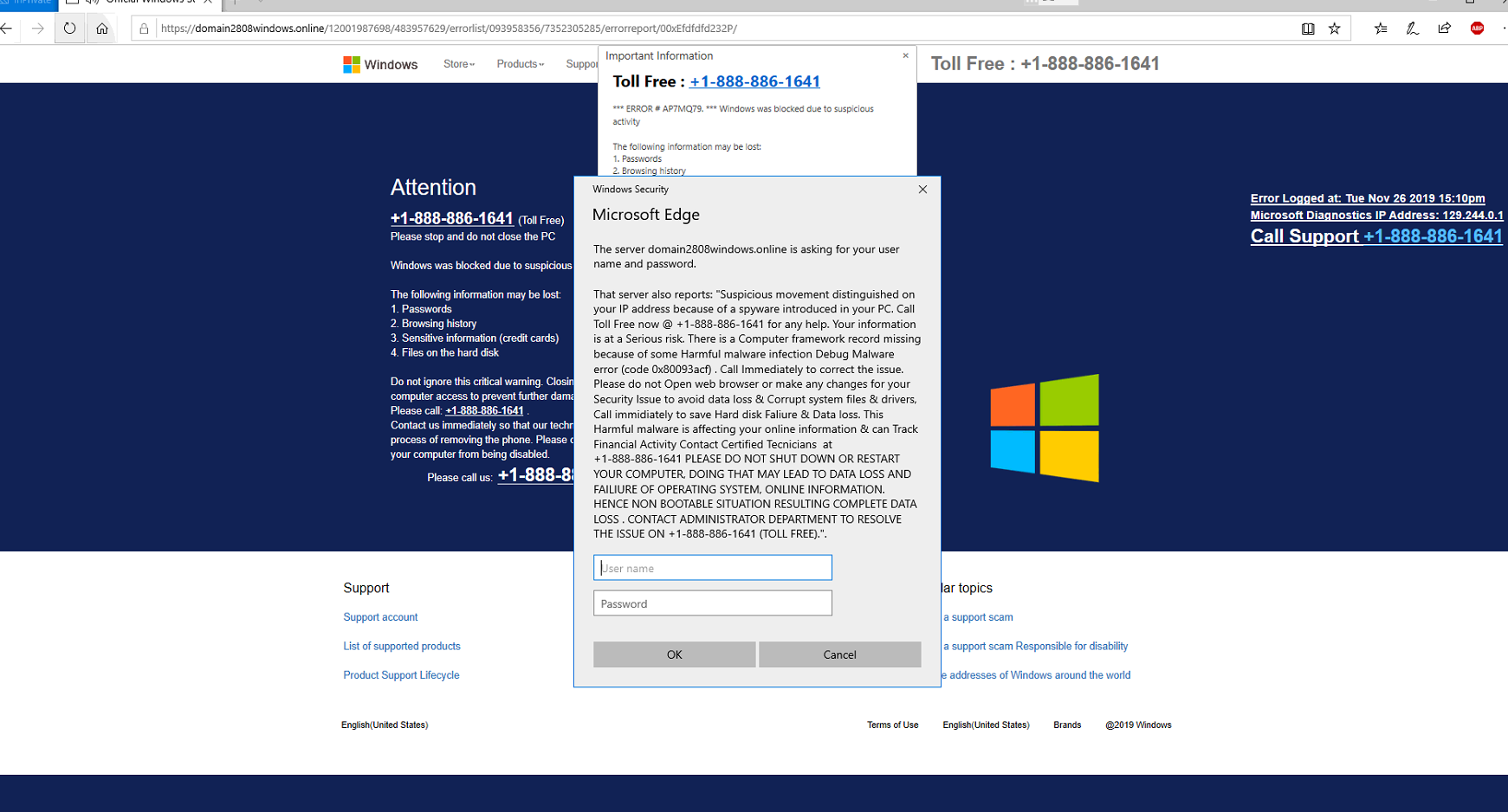 Fake Microsoft Popup 1 888 886 1641 Scammer Info