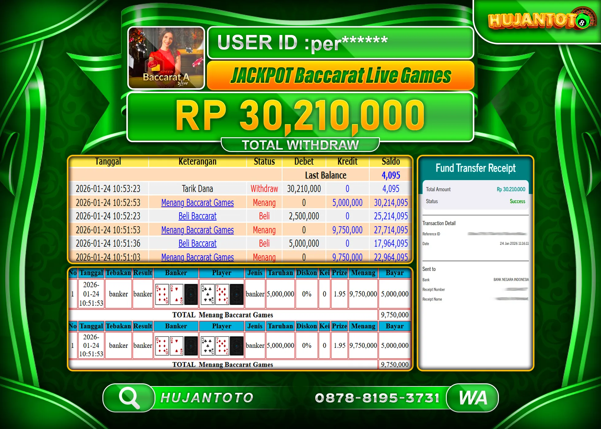 HUJANTOTO - BUKTI JACKPOT MENANG  BACCARAT  LIVEGAMES Rp.30,210,000 - TERBAYAR LUNAS